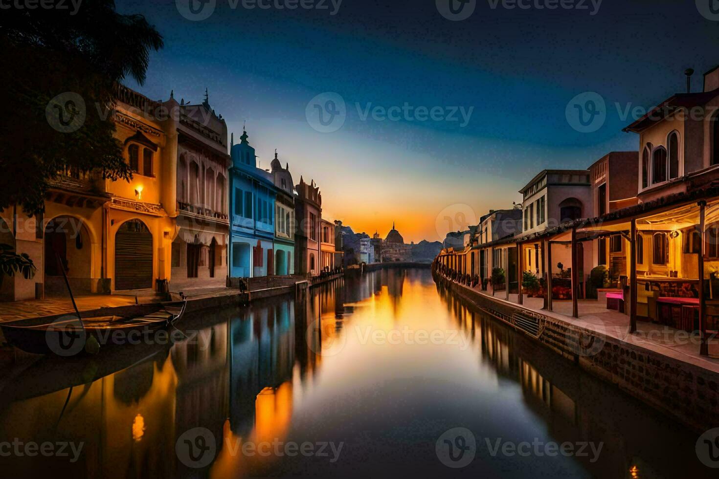 ein Kanal im das Mitte von ein Stadt beim Sonnenuntergang. KI-generiert foto