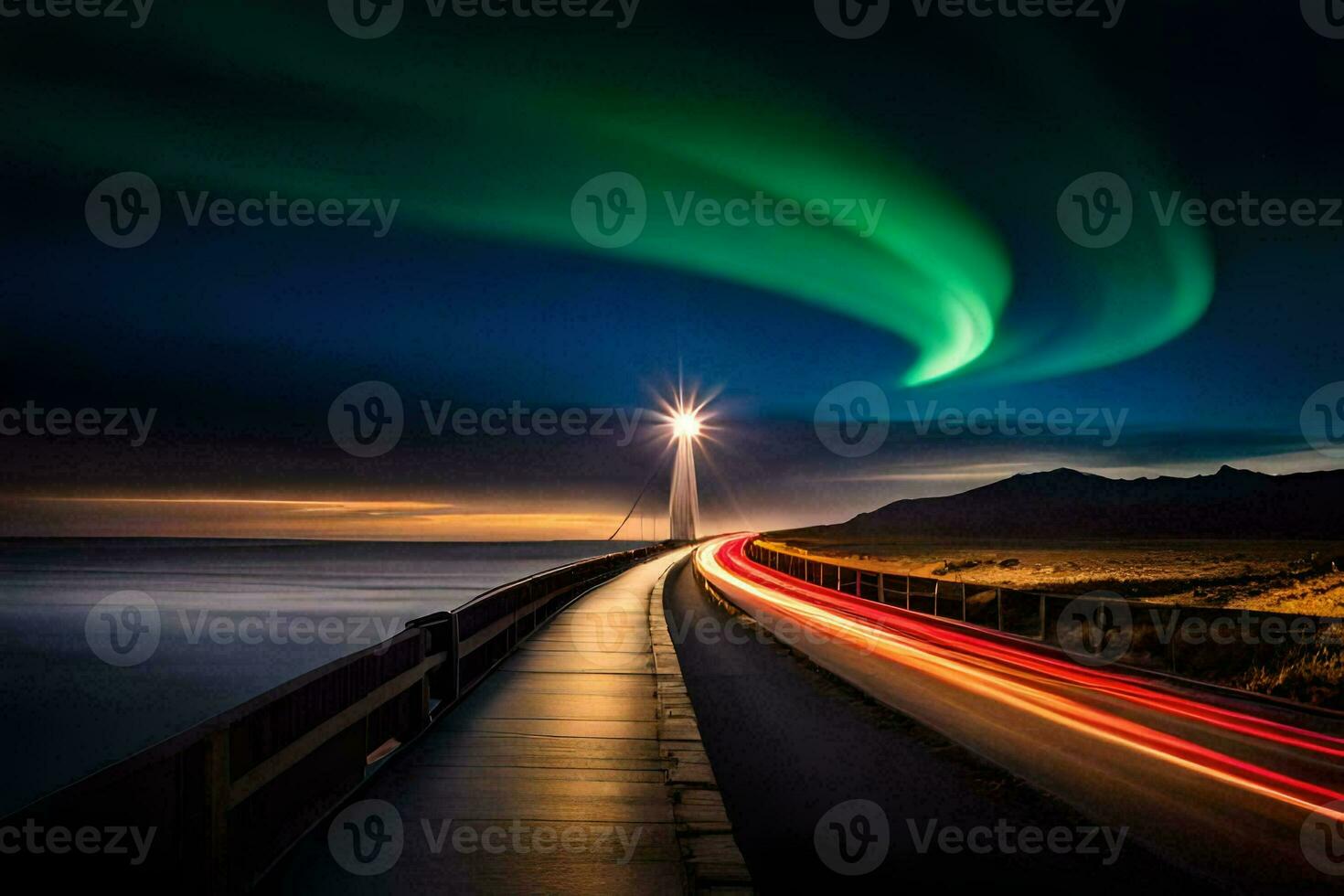 das Aurora Borealis Beleuchtung oben das Himmel Über ein Brücke. KI-generiert foto