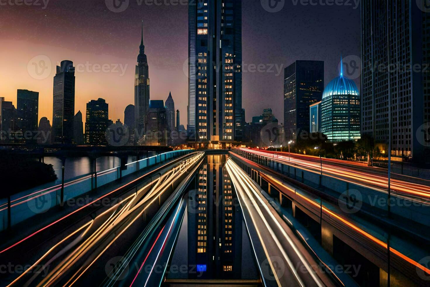 ein Stadt Horizont beim Nacht mit lange Belichtung. KI-generiert foto