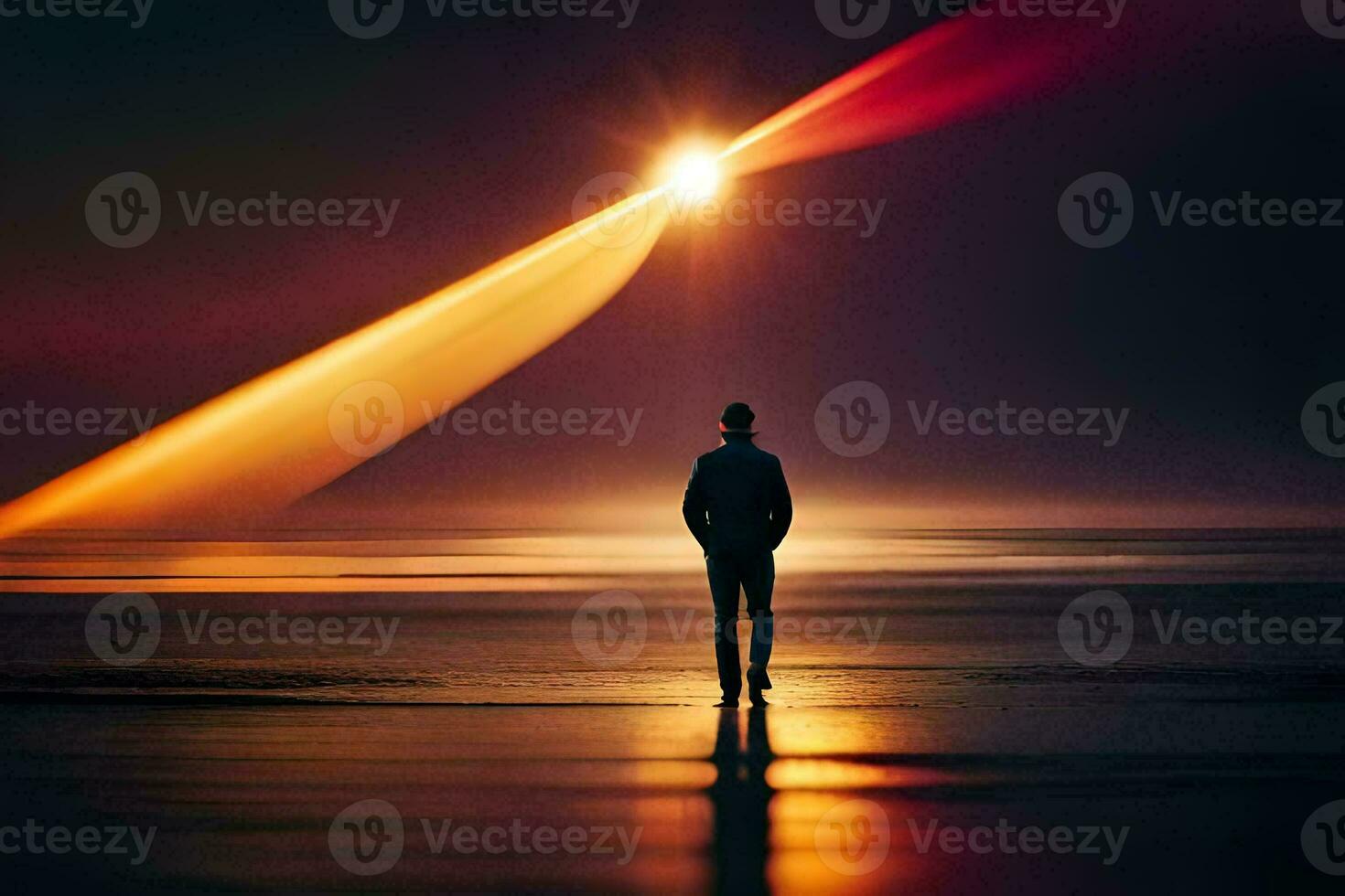 ein Mann Stehen auf das Strand suchen beim das Sonne. KI-generiert foto