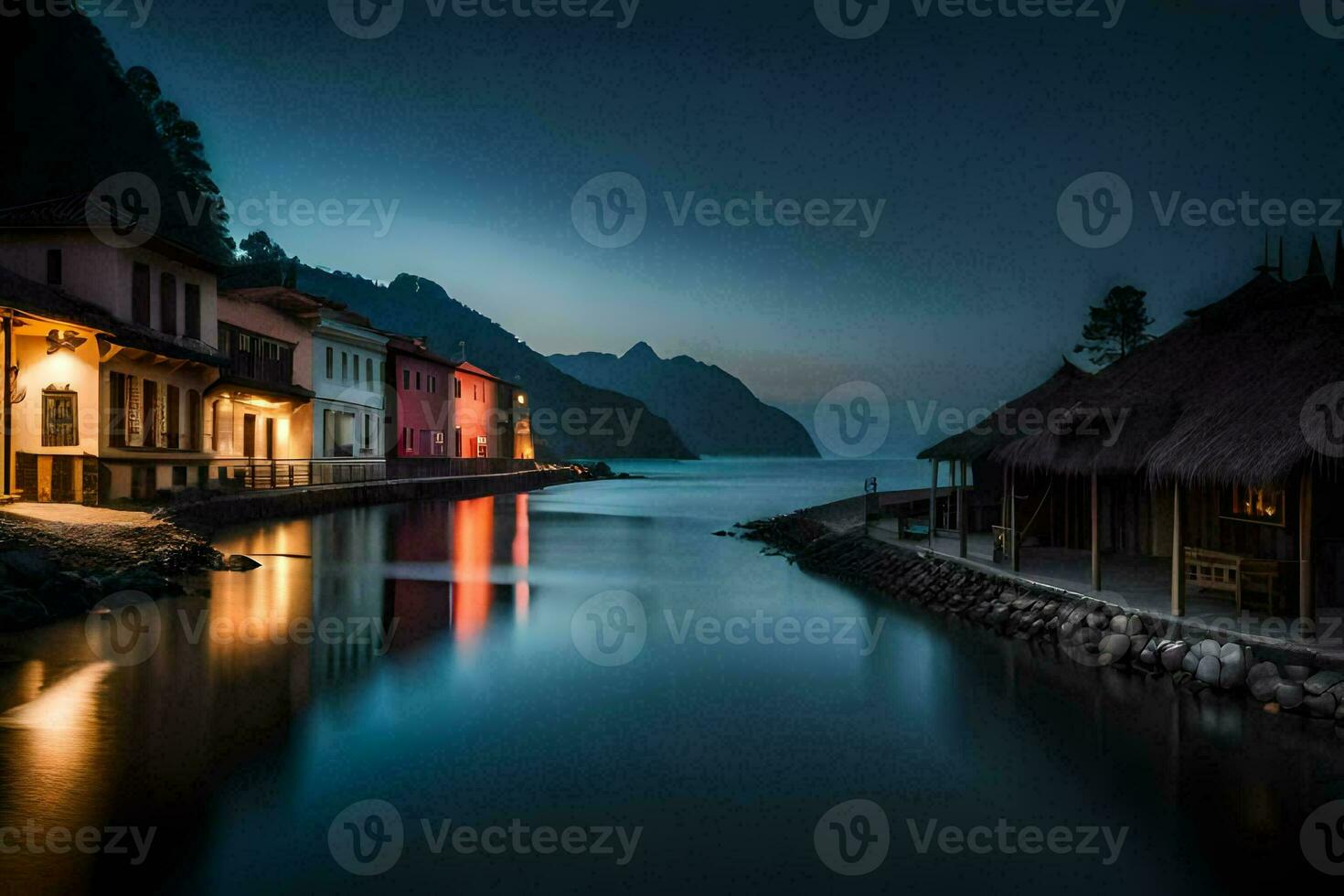 ein Fluss im das Mitte von ein Stadt, Dorf beim Nacht. KI-generiert foto