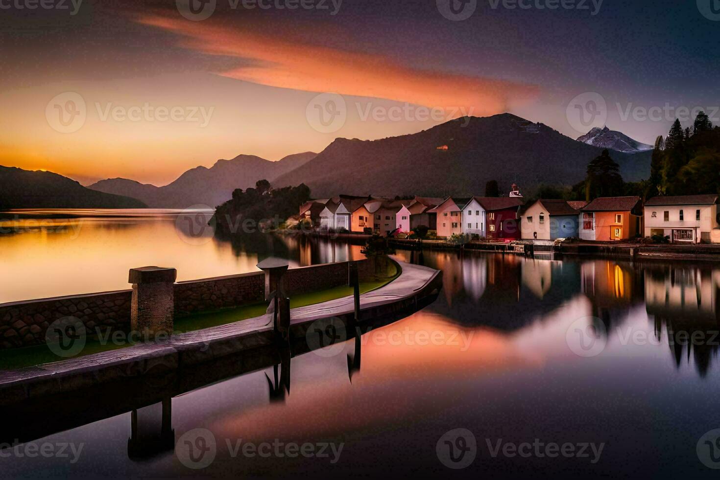 ein schön Sonnenuntergang Über ein See und Häuser. KI-generiert foto