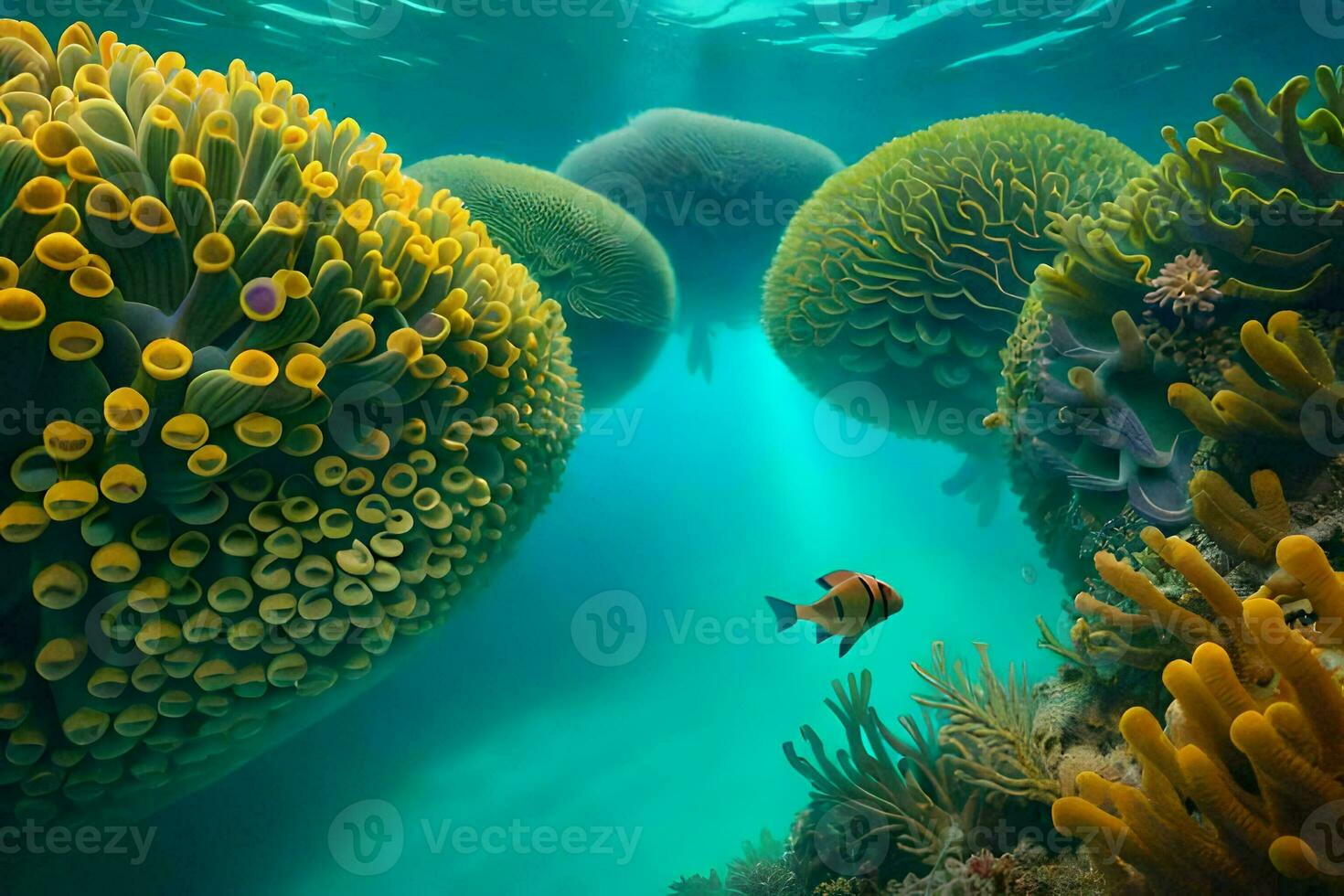 unter Wasser Szene mit ein Orange Fisch Schwimmen im Vorderseite von ein Anemone. KI-generiert foto