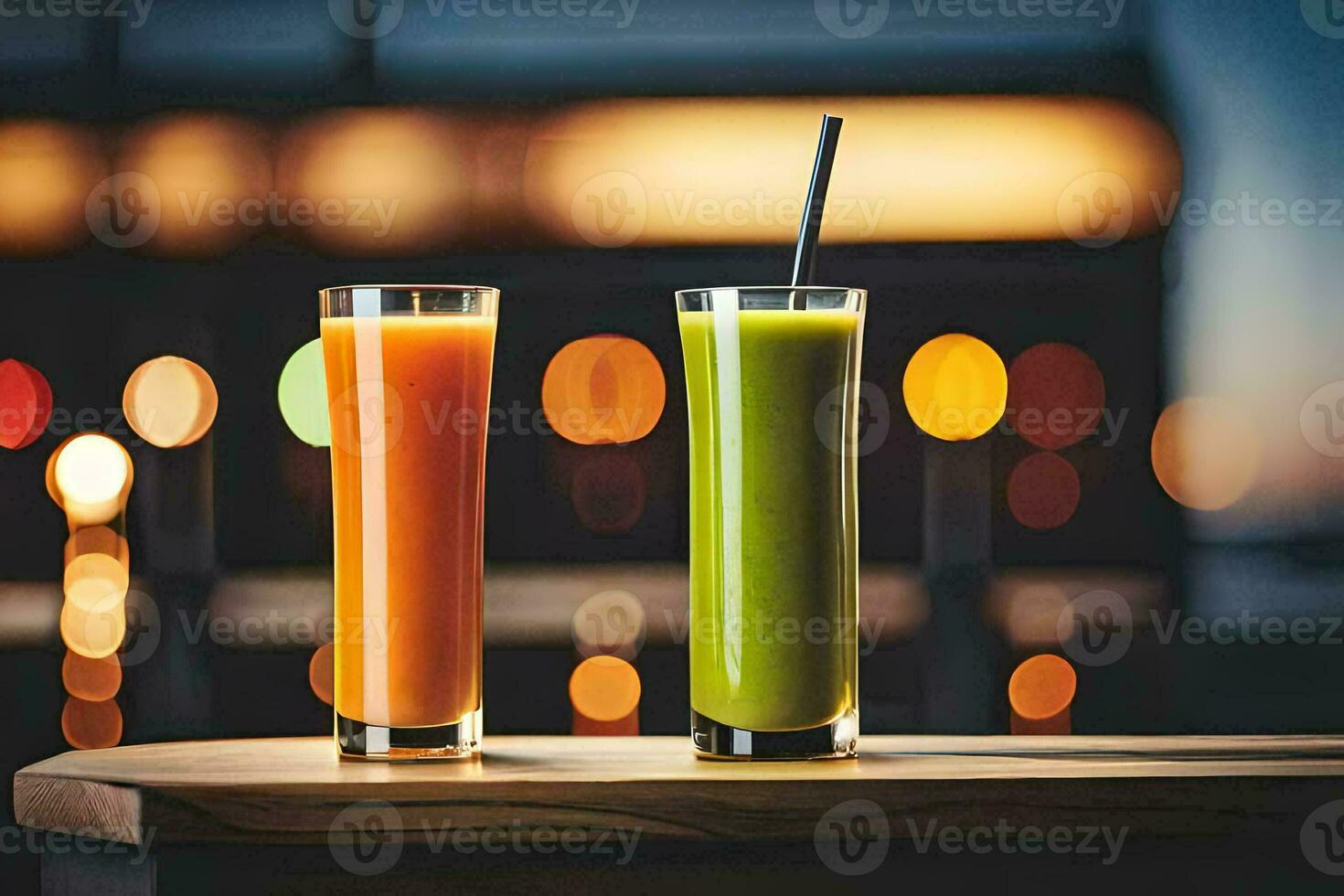 zwei Brille von Saft auf ein Tabelle im Vorderseite von ein Stadt Horizont. KI-generiert foto