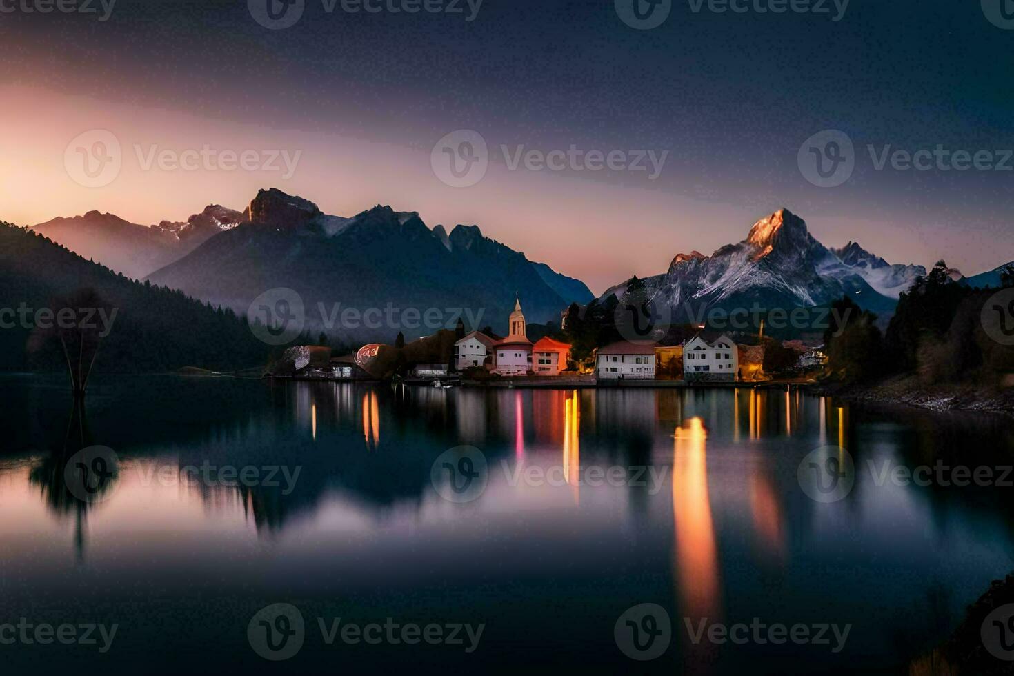 ein See und Berge beim Sonnenuntergang. KI-generiert foto