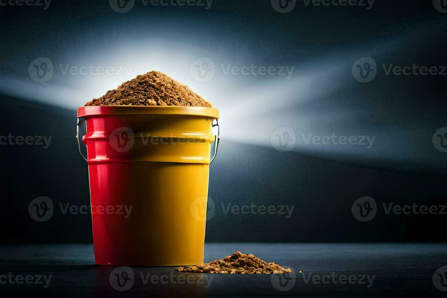 ein Eimer von Sand auf ein dunkel Tisch. KI-generiert foto