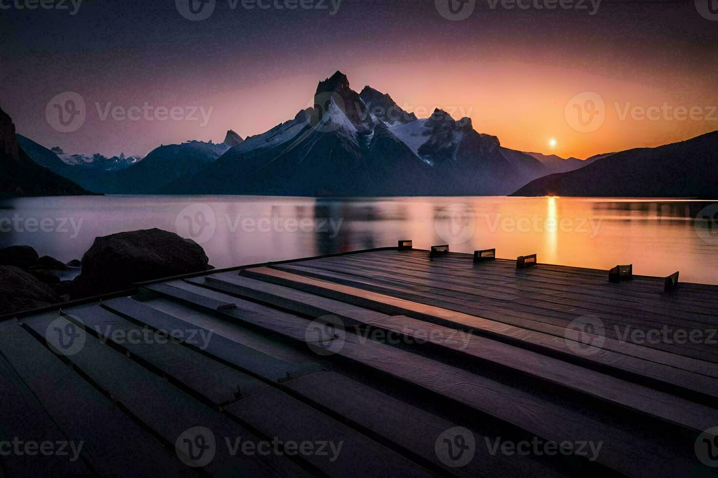 ein hölzern Dock im Vorderseite von ein Berg Bereich. KI-generiert foto