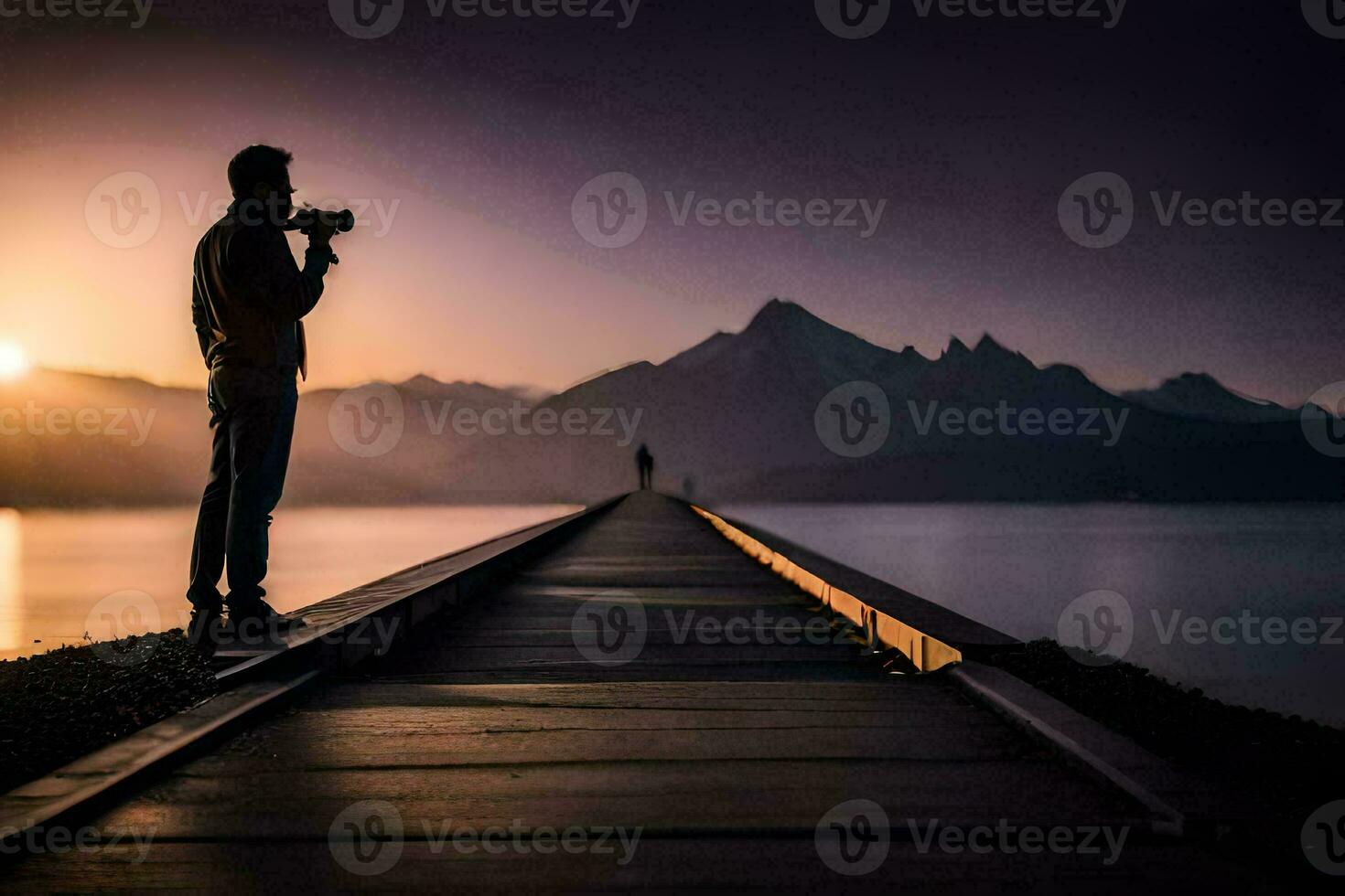 ein Mann nehmen ein Foto von das Sonnenuntergang auf ein Seebrücke. KI-generiert