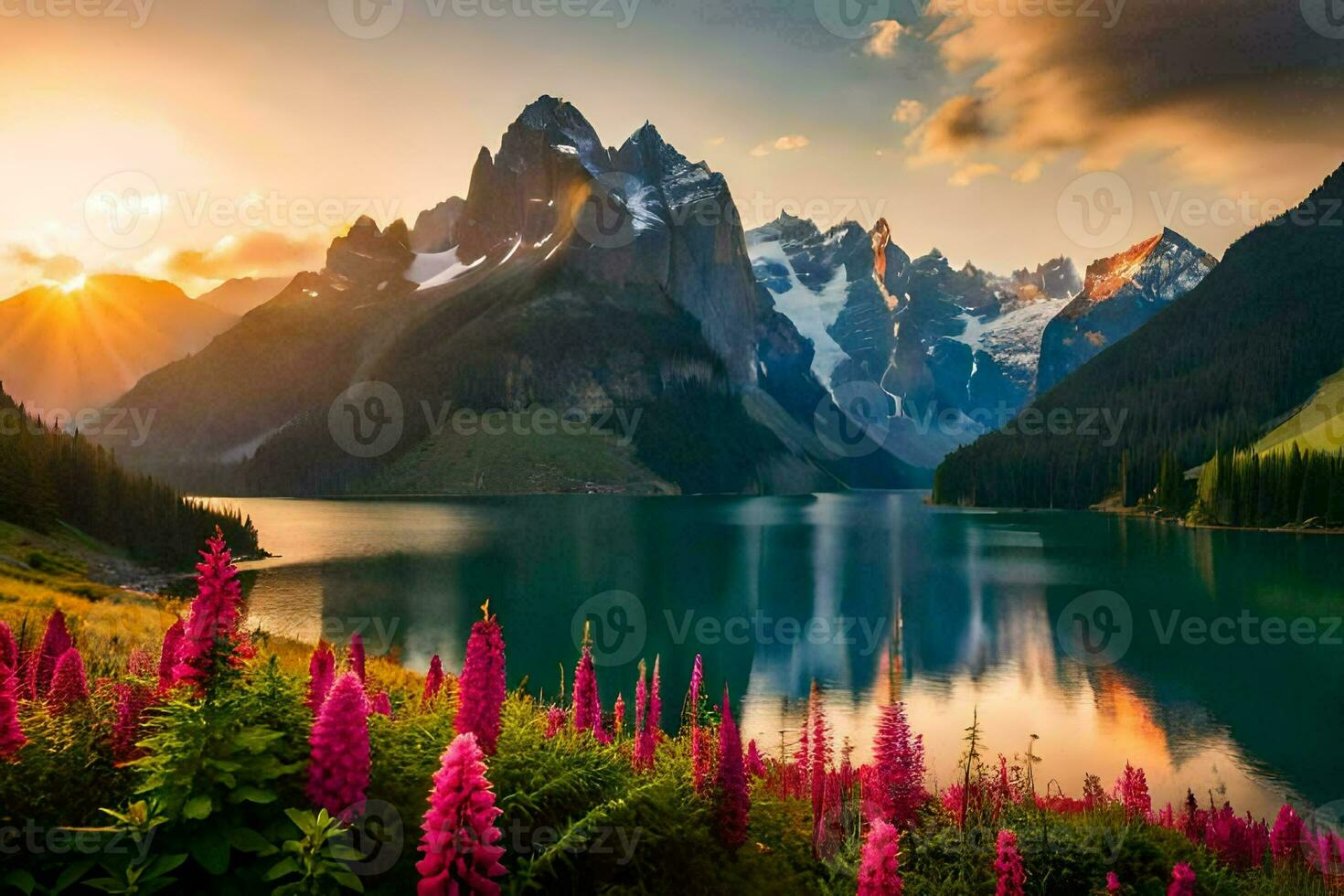 das Sonne steigt an Über das Berge und das See im diese schön Landschaft. KI-generiert foto