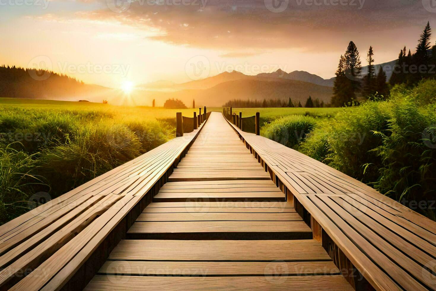 ein hölzern Brücke führt zu ein Feld mit Berge im das Hintergrund. KI-generiert foto