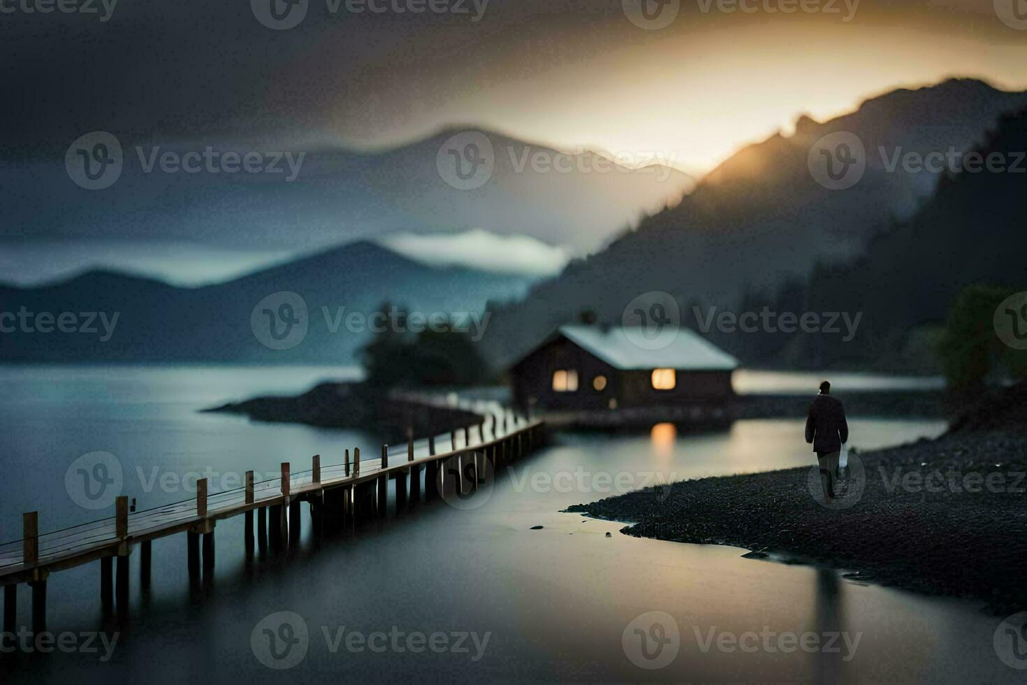 ein Mann Spaziergänge entlang ein Seebrücke im Vorderseite von ein Kabine. KI-generiert foto