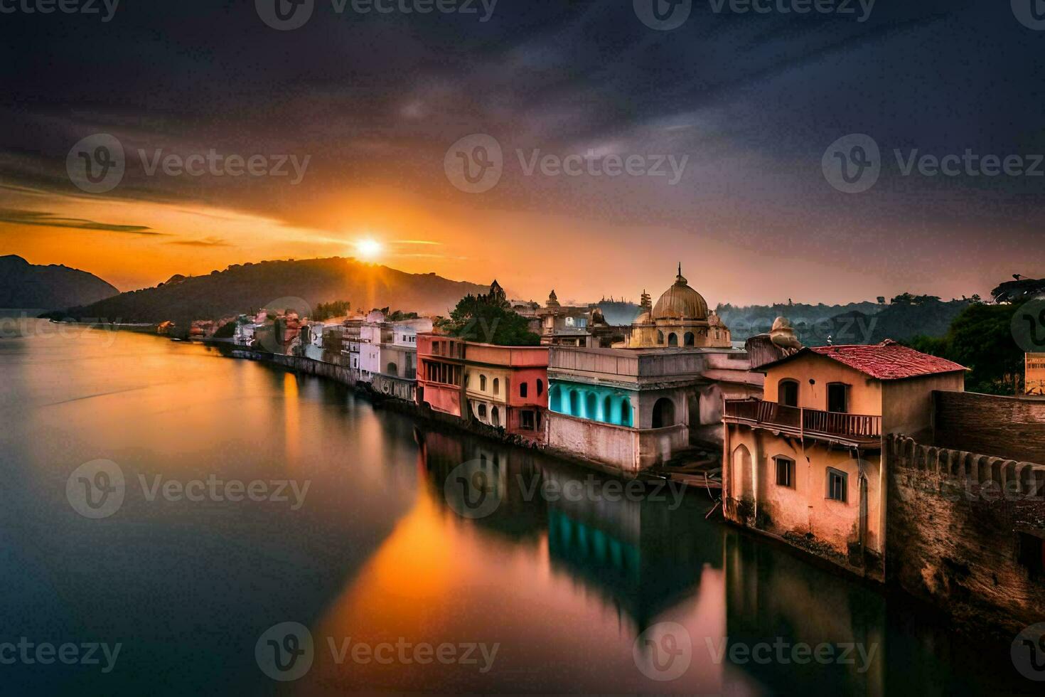 das Sonne setzt Über ein Fluss im Indien. KI-generiert foto