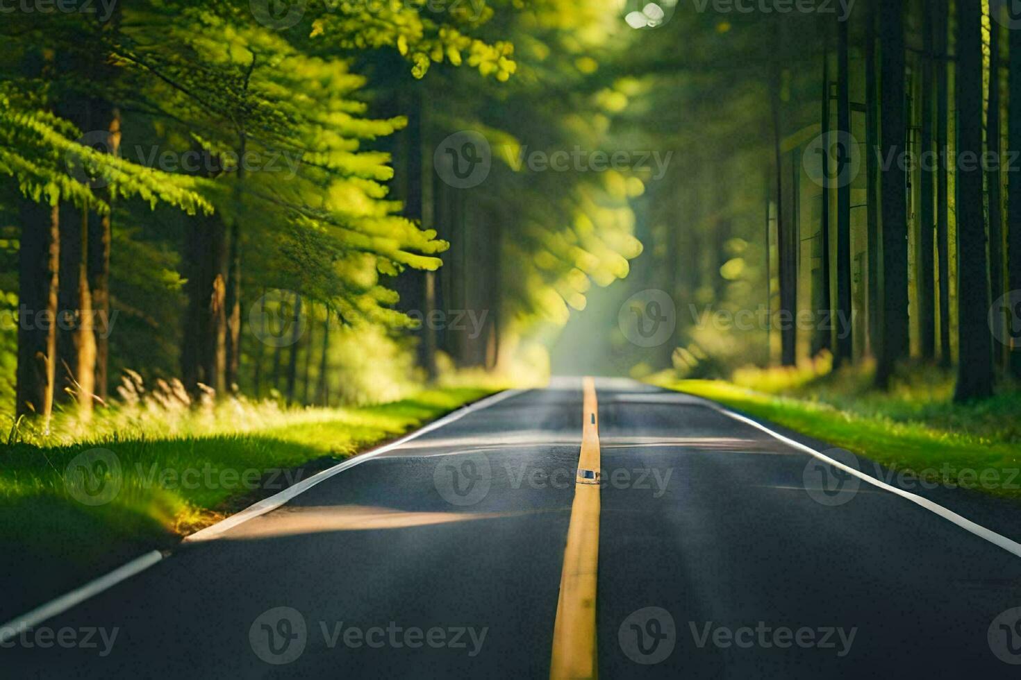 ein leeren Straße im das Mitte von ein Wald. KI-generiert foto