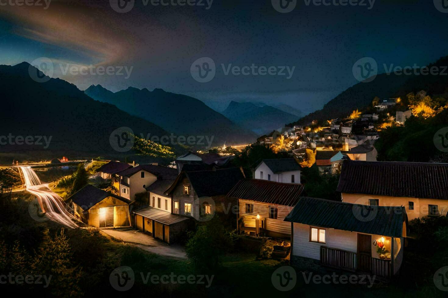 ein Dorf zündete oben beim Nacht im das Berge. KI-generiert foto