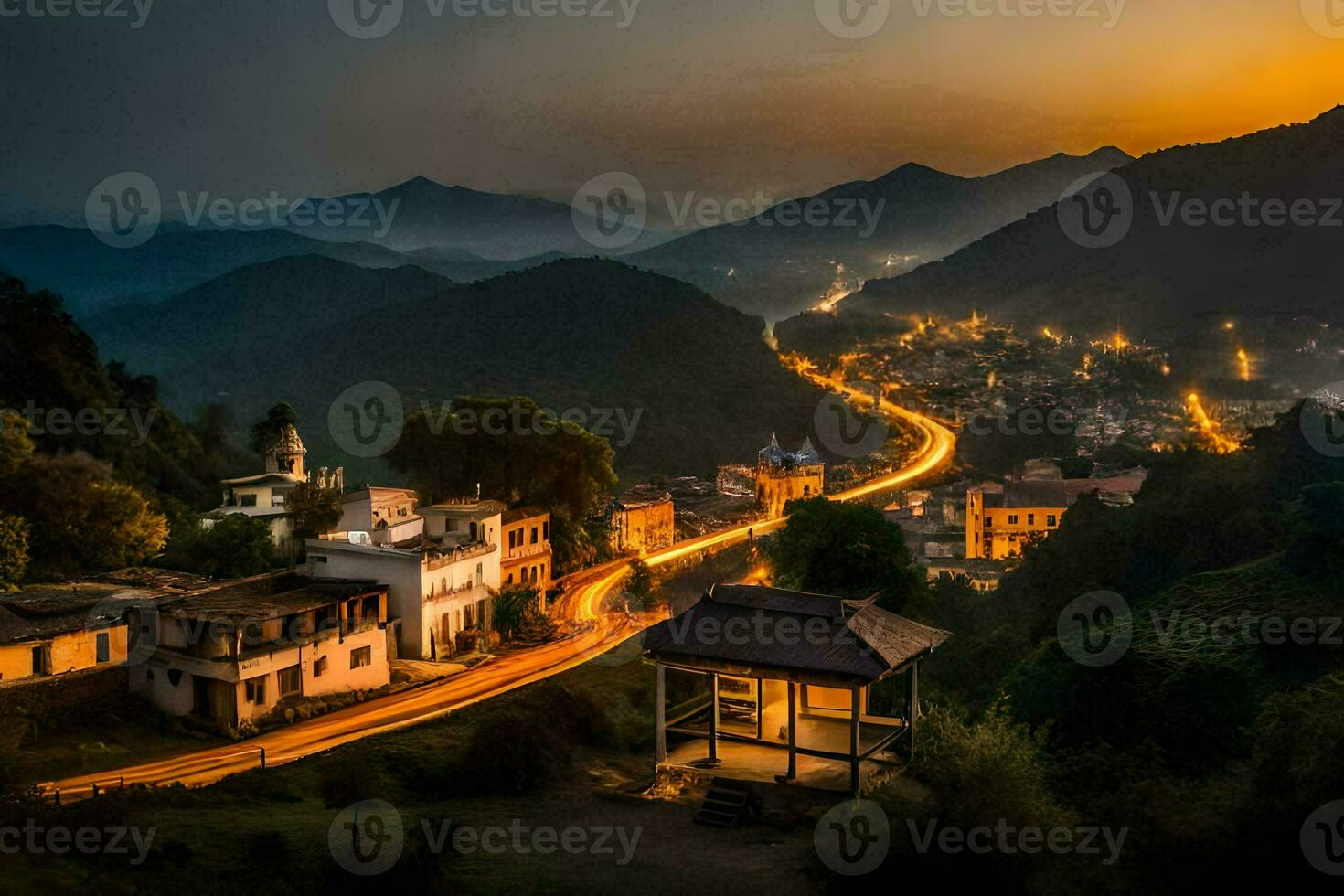 Foto Hintergrund das Himmel, Berge, Dorf, Straße, Sonnenuntergang, das Dorf, das Dorf,. KI-generiert