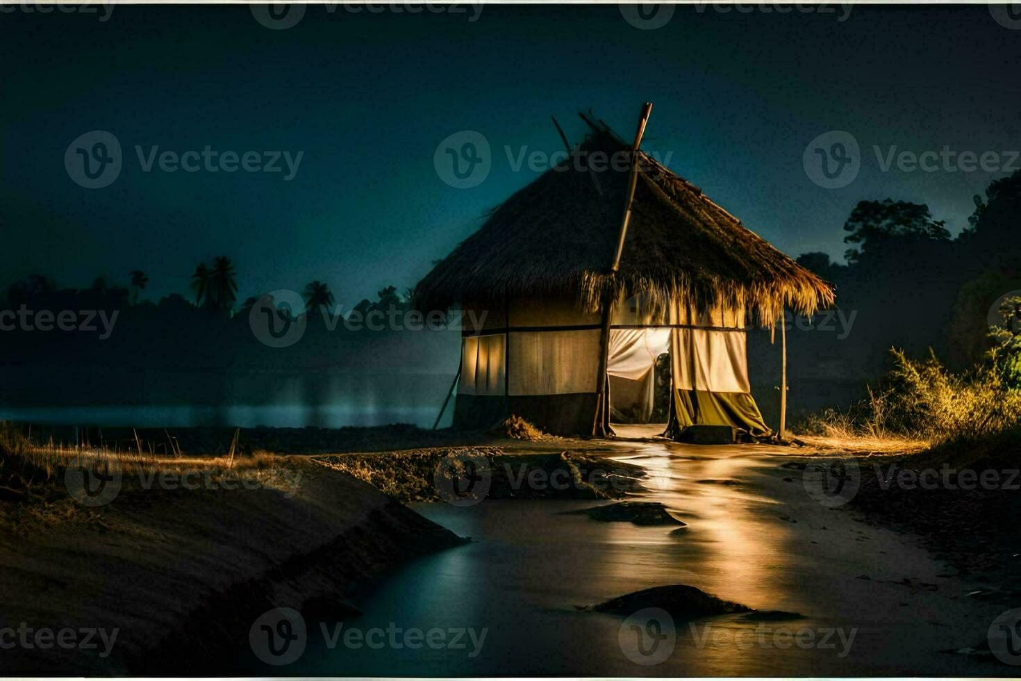 ein Hütte sitzt auf das Ufer von ein Fluss beim Nacht. KI-generiert foto