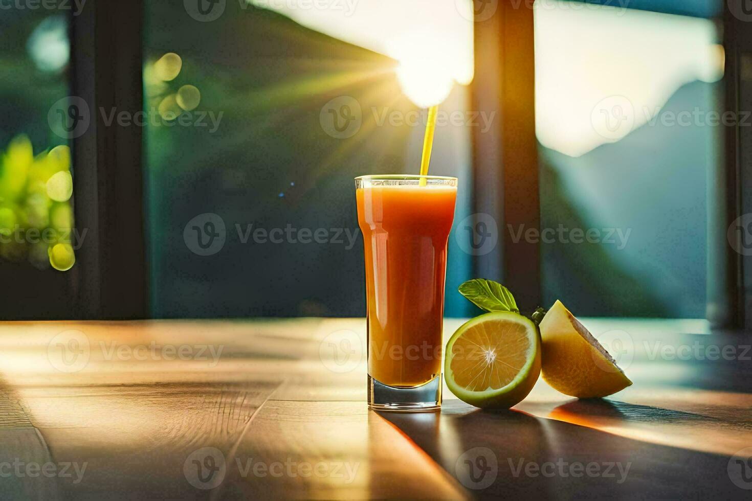 ein Glas von Orange Saft mit ein Zitrone Scheibe auf ein Tisch. KI-generiert foto