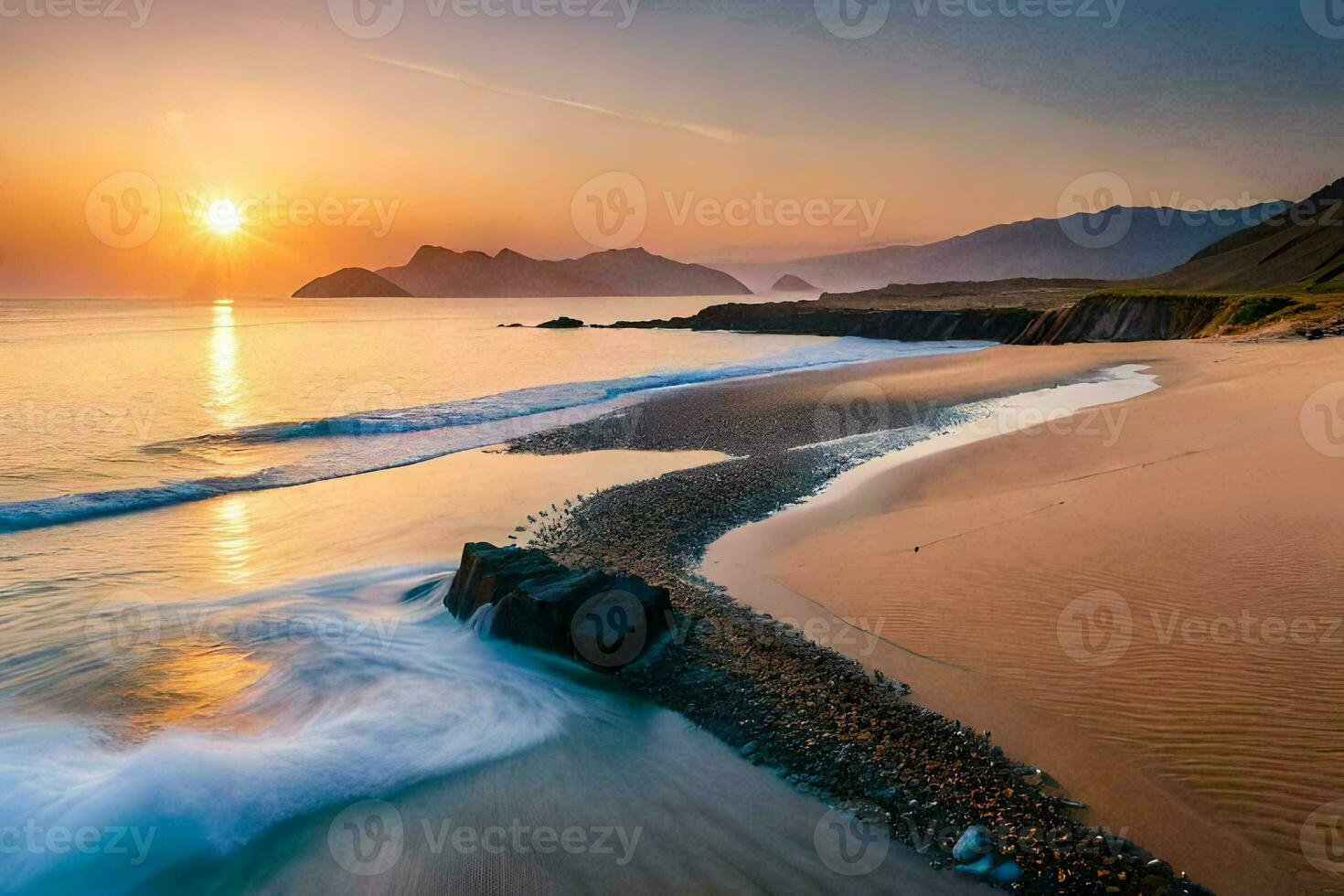 das Sonne setzt Über ein Strand und Berge. KI-generiert foto