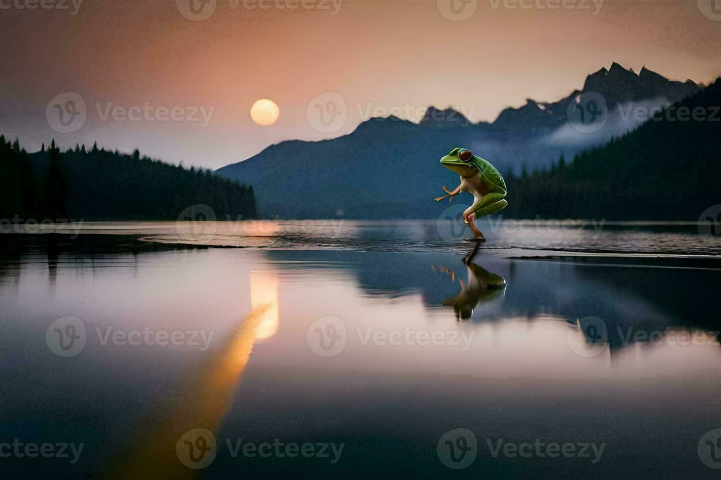 ein Mann ist Stehen auf das Kante von ein See mit ein voll Mond im das Hintergrund. KI-generiert foto