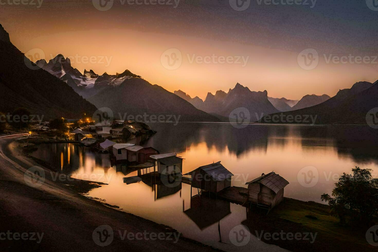 ein schön Sonnenuntergang Über ein See und Berg Bereich. KI-generiert foto