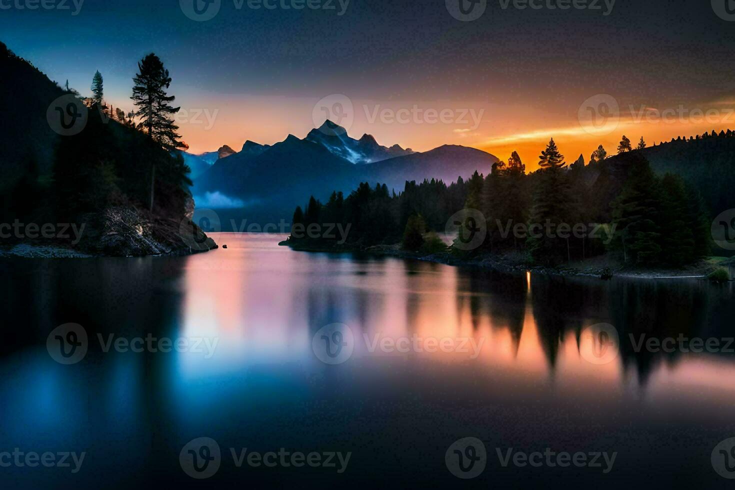 ein schön Sonnenuntergang Über ein See mit Bäume und Berge. KI-generiert foto