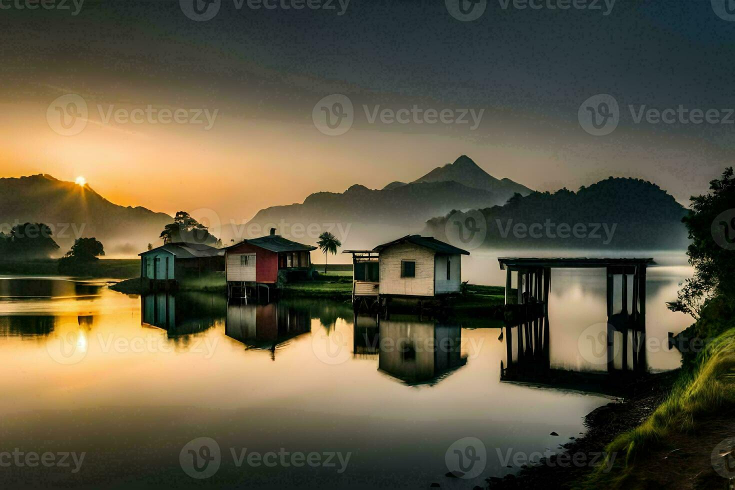 das Sonnenaufgang Über das See. KI-generiert foto