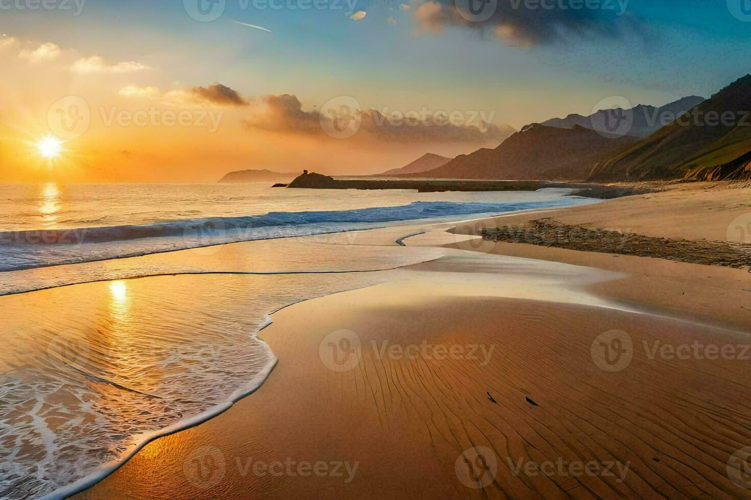 das Sonne setzt auf das Strand im das Hintergrund. KI-generiert foto