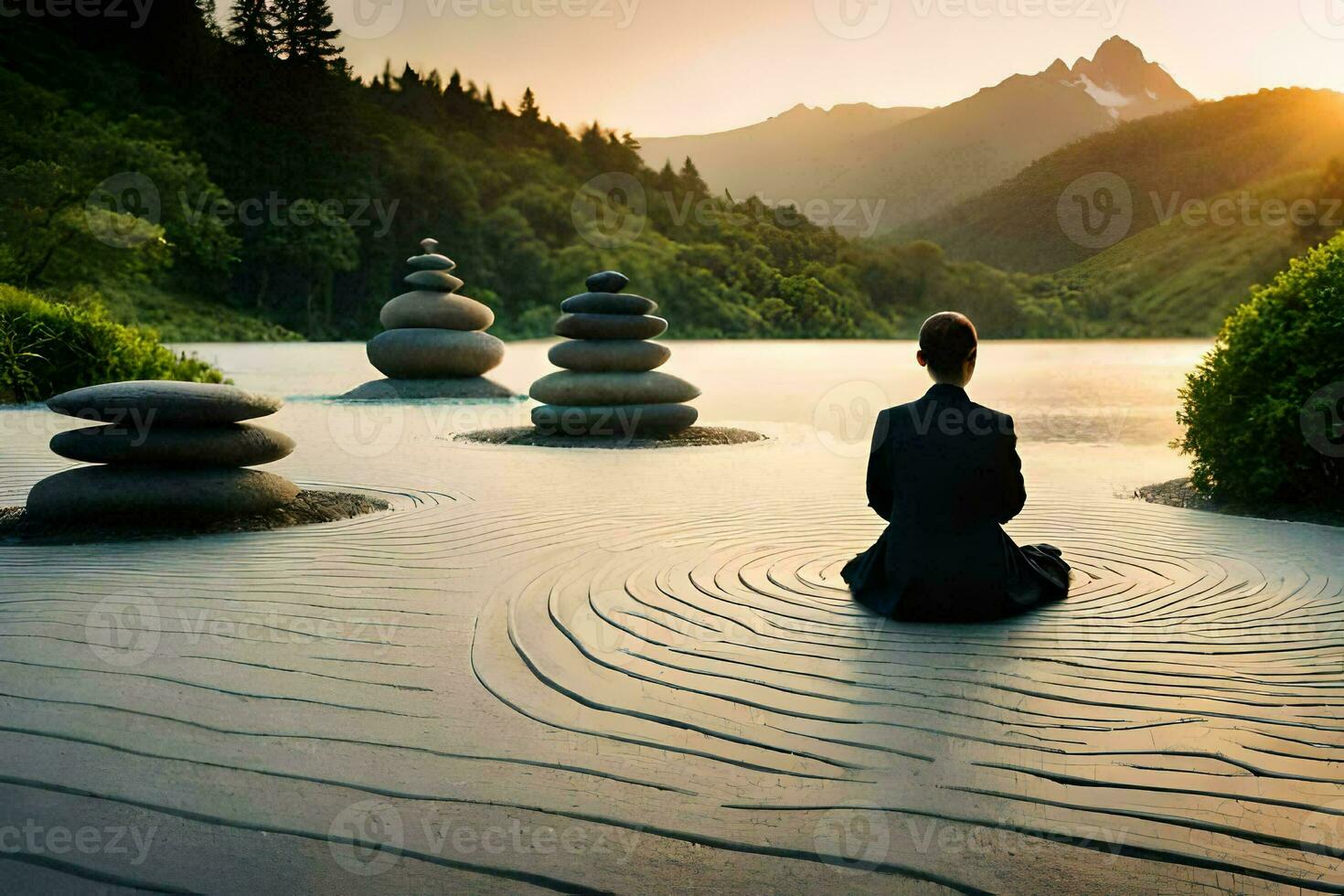 ein Person meditieren im Vorderseite von ein See mit Felsen. KI-generiert foto