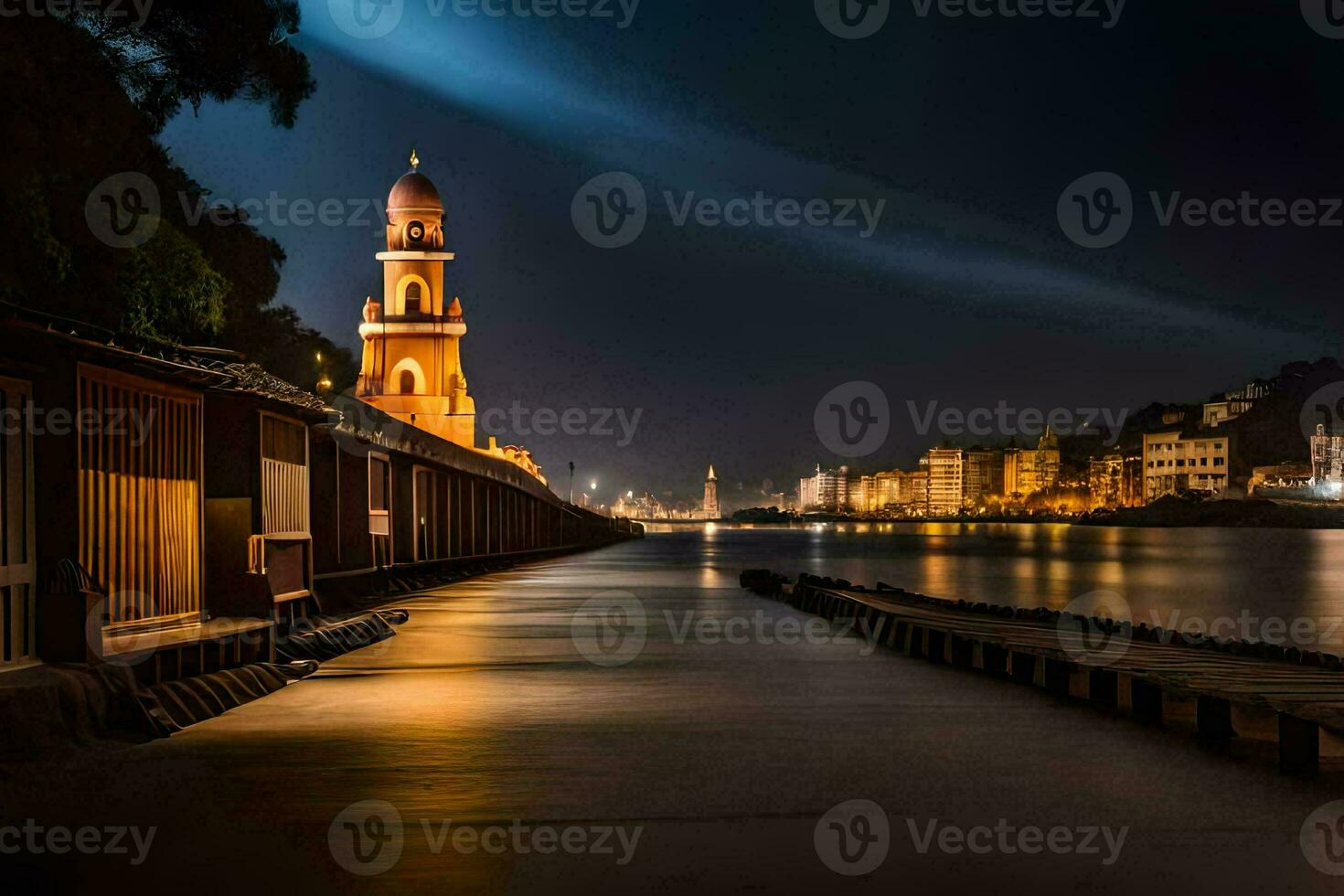 ein lange Exposition fotografieren von ein Kirche Turm im das Mitte von ein Fluss. KI-generiert foto