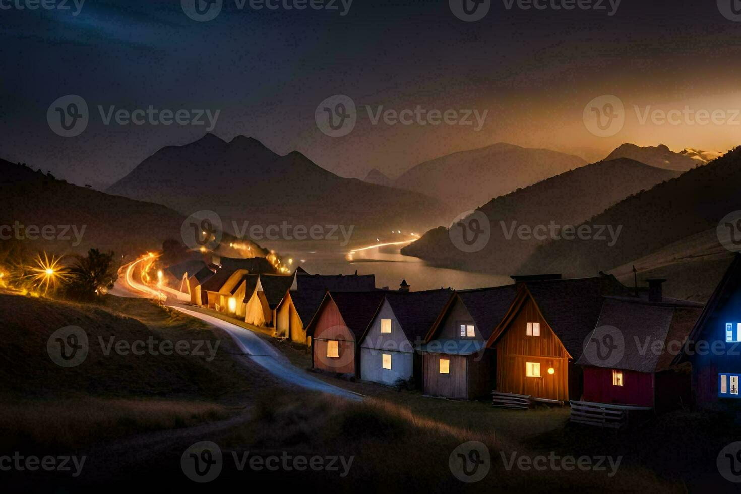 Foto Hintergrund das Himmel, Nacht, Berge, Häuser, Norwegen, das Dorf, das Dorf. KI-generiert