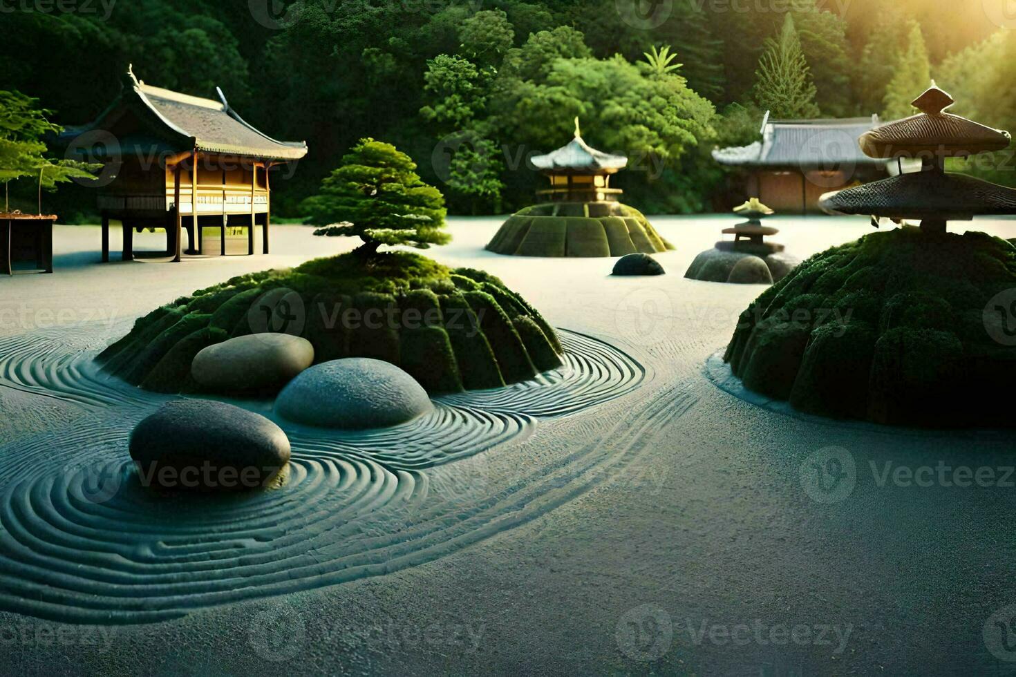 ein japanisch Garten mit Felsen und Bäume. KI-generiert foto