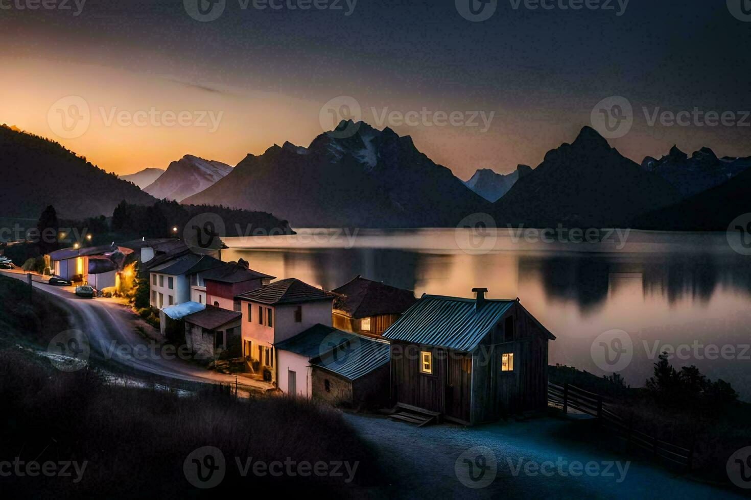 Foto Hintergrund das Himmel, Berge, Wasser, Häuser, das Meer, das Berge, Norwegen. KI-generiert