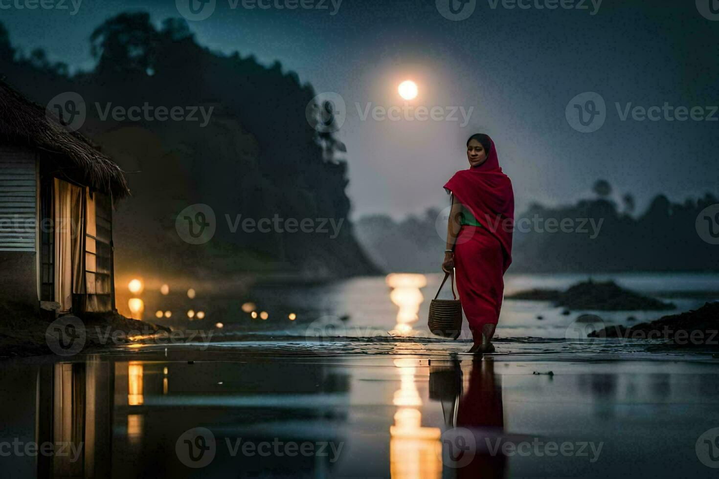 ein Frau im ein rot Kleid Gehen entlang das Ufer beim Nacht. KI-generiert foto