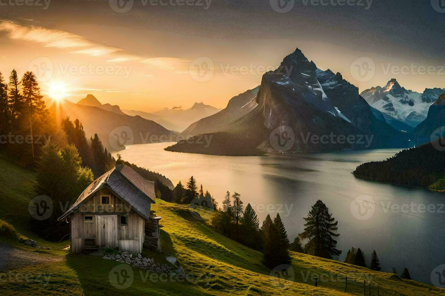 das Sonne steigt an Über das Berge und See im diese schön Landschaft. KI-generiert foto