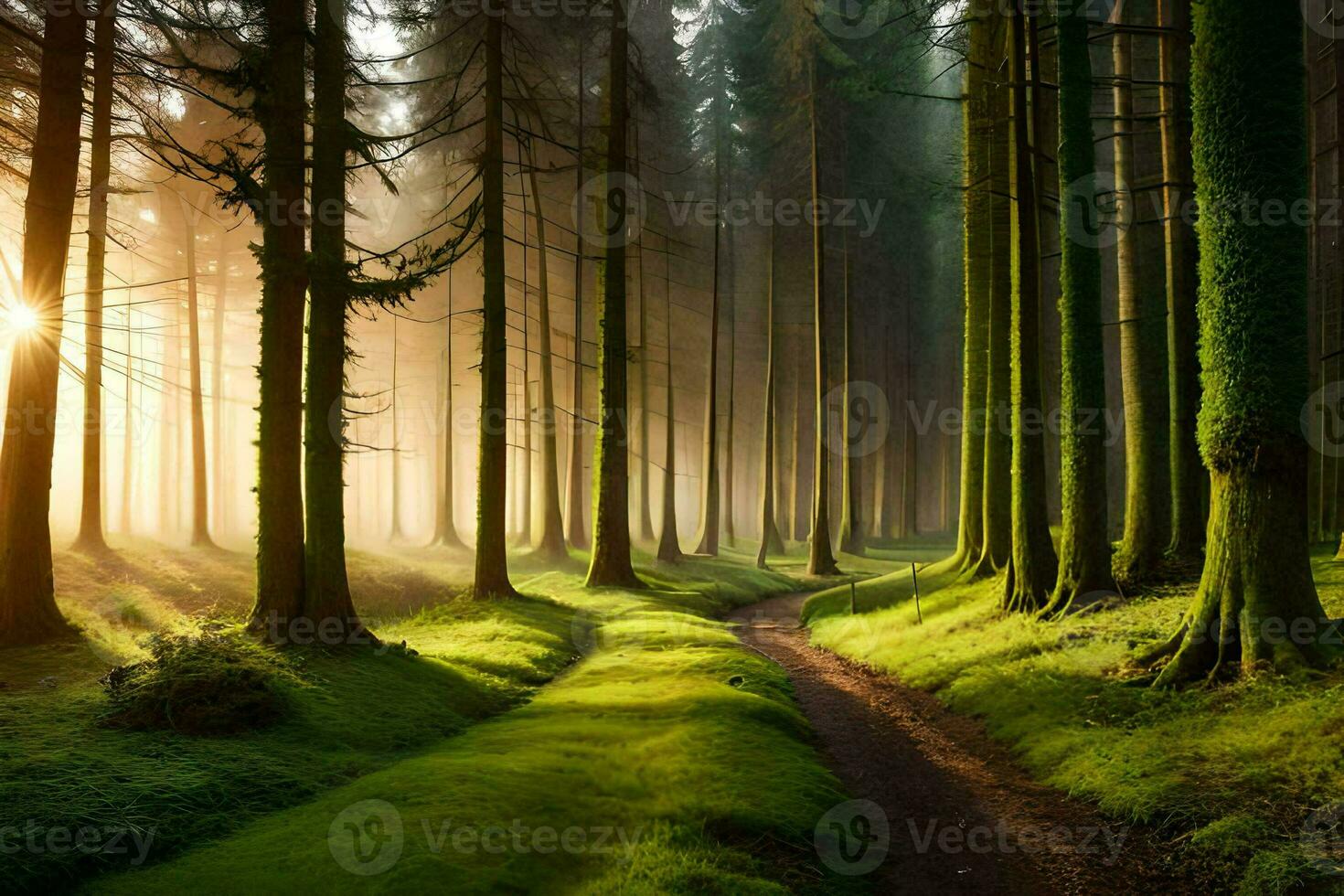 ein Pfad durch ein Wald mit Bäume und Gras. KI-generiert foto