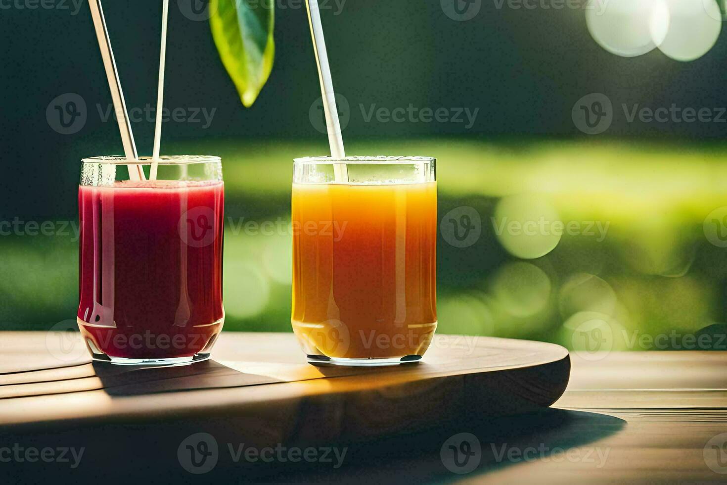 zwei Brille von Saft auf ein hölzern Tisch. KI-generiert foto