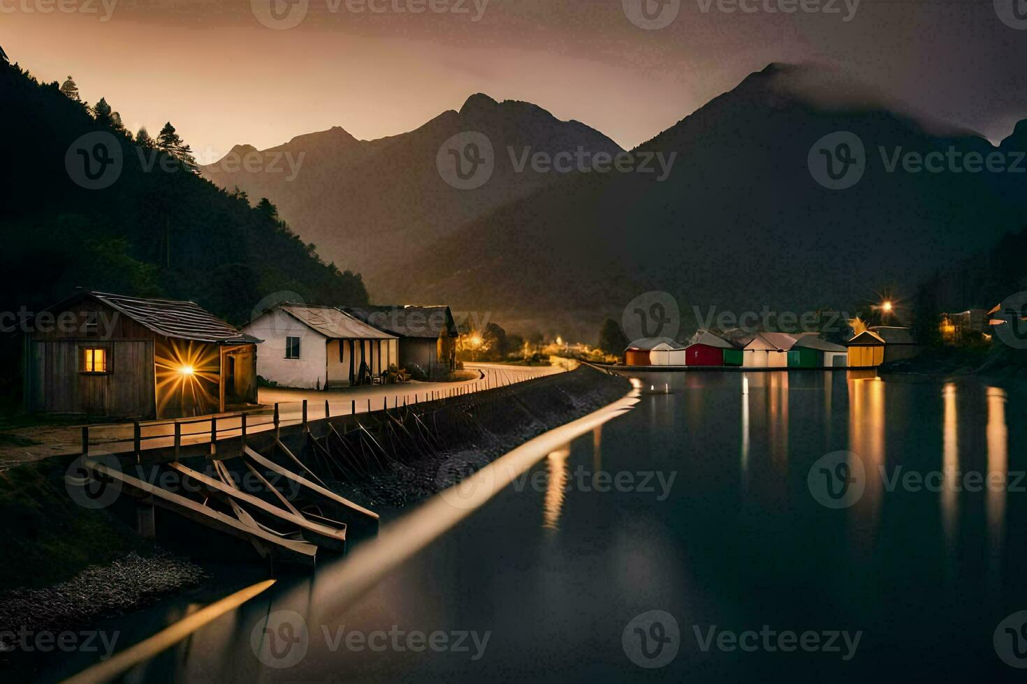 ein Fluss und Häuser im das Berge beim Nacht. KI-generiert foto