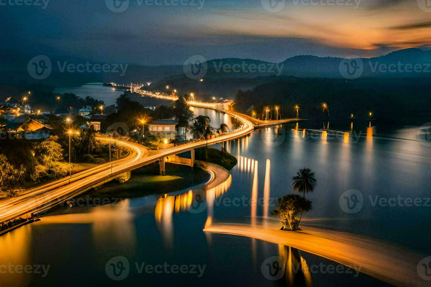 ein lange Exposition Foto von ein Brücke Über ein Fluss beim Nacht. KI-generiert