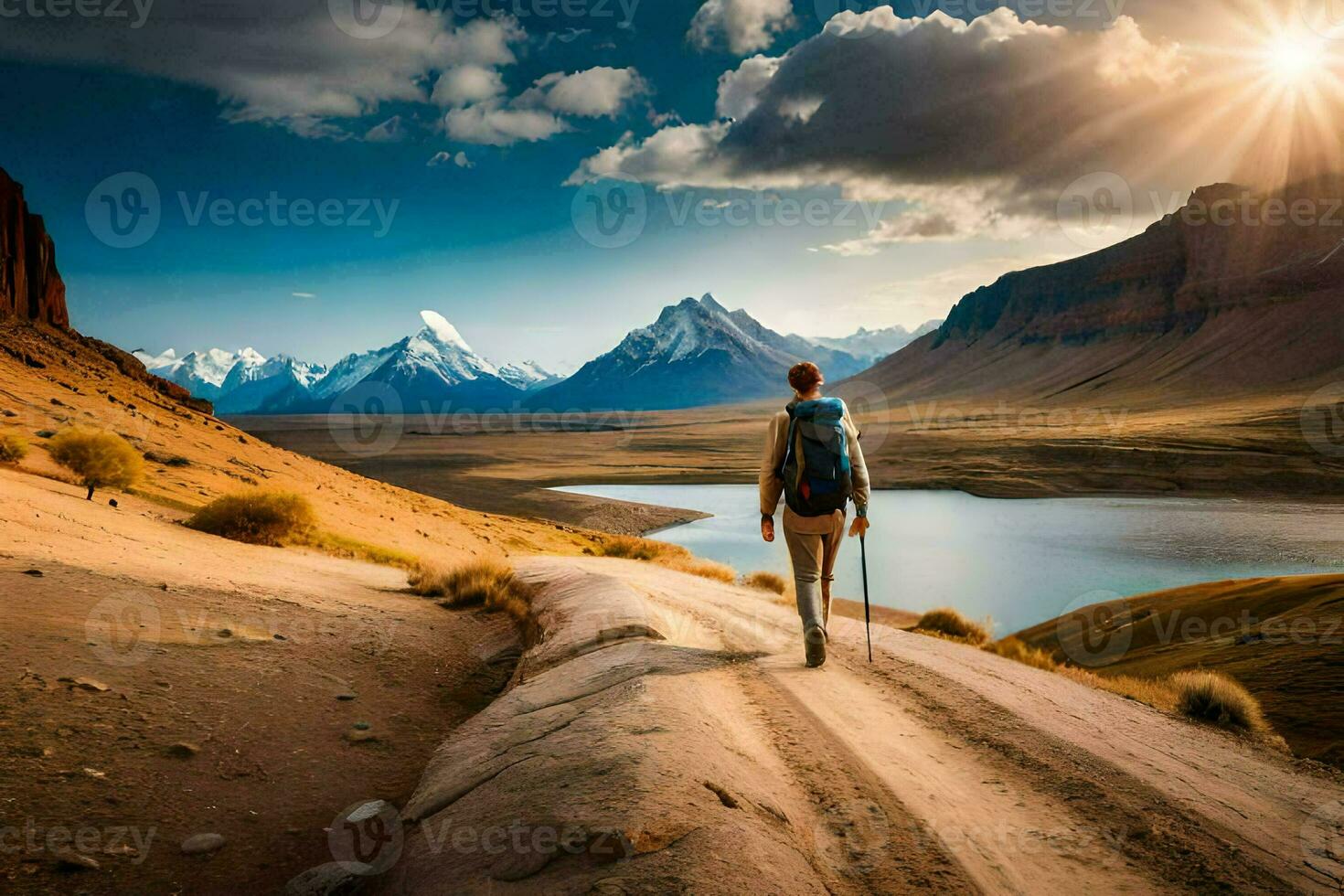 ein Mann Spaziergänge auf ein Straße im das Berge. KI-generiert foto