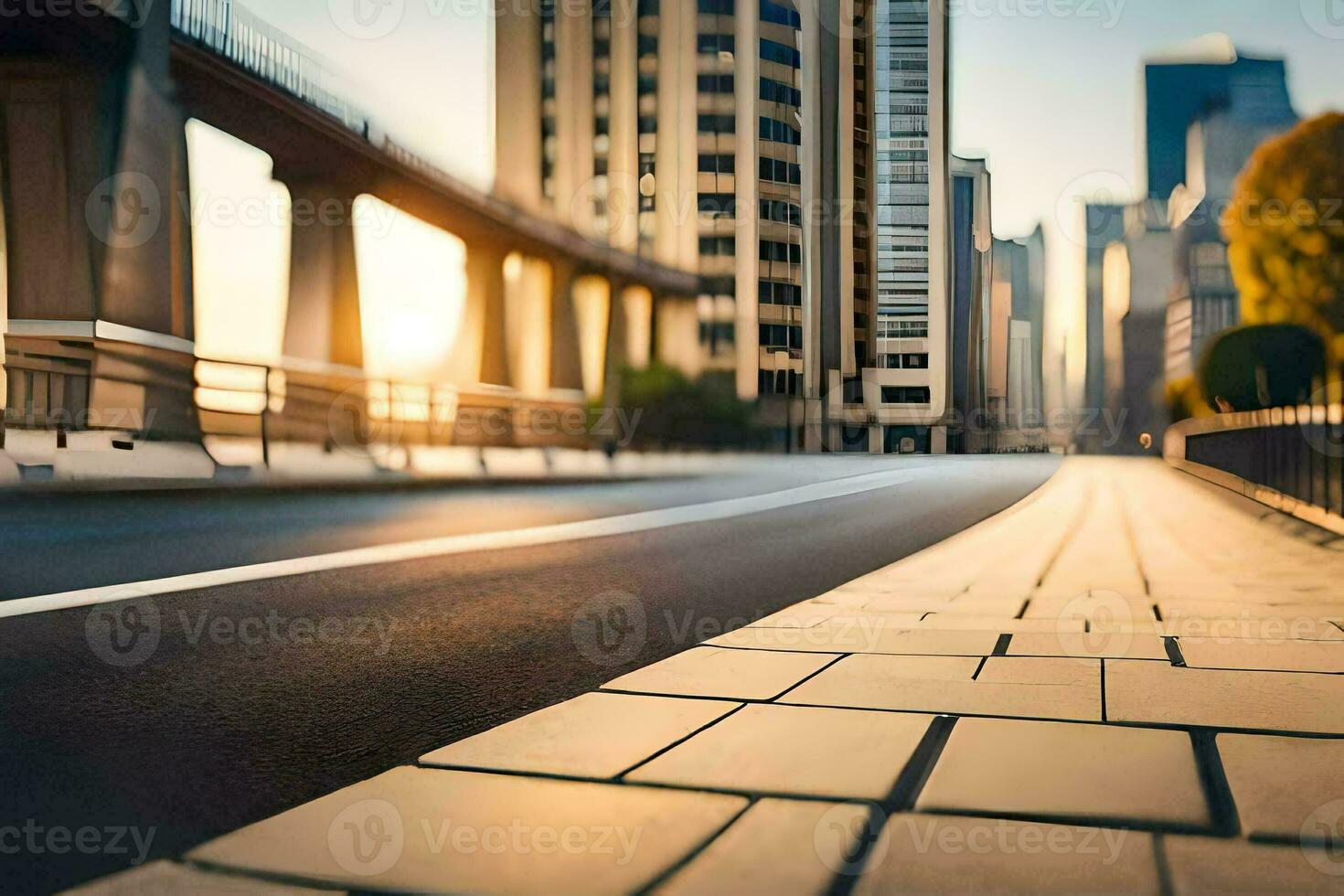 Stadt Straße mit ein Brücke und Gebäude im das Hintergrund. KI-generiert foto