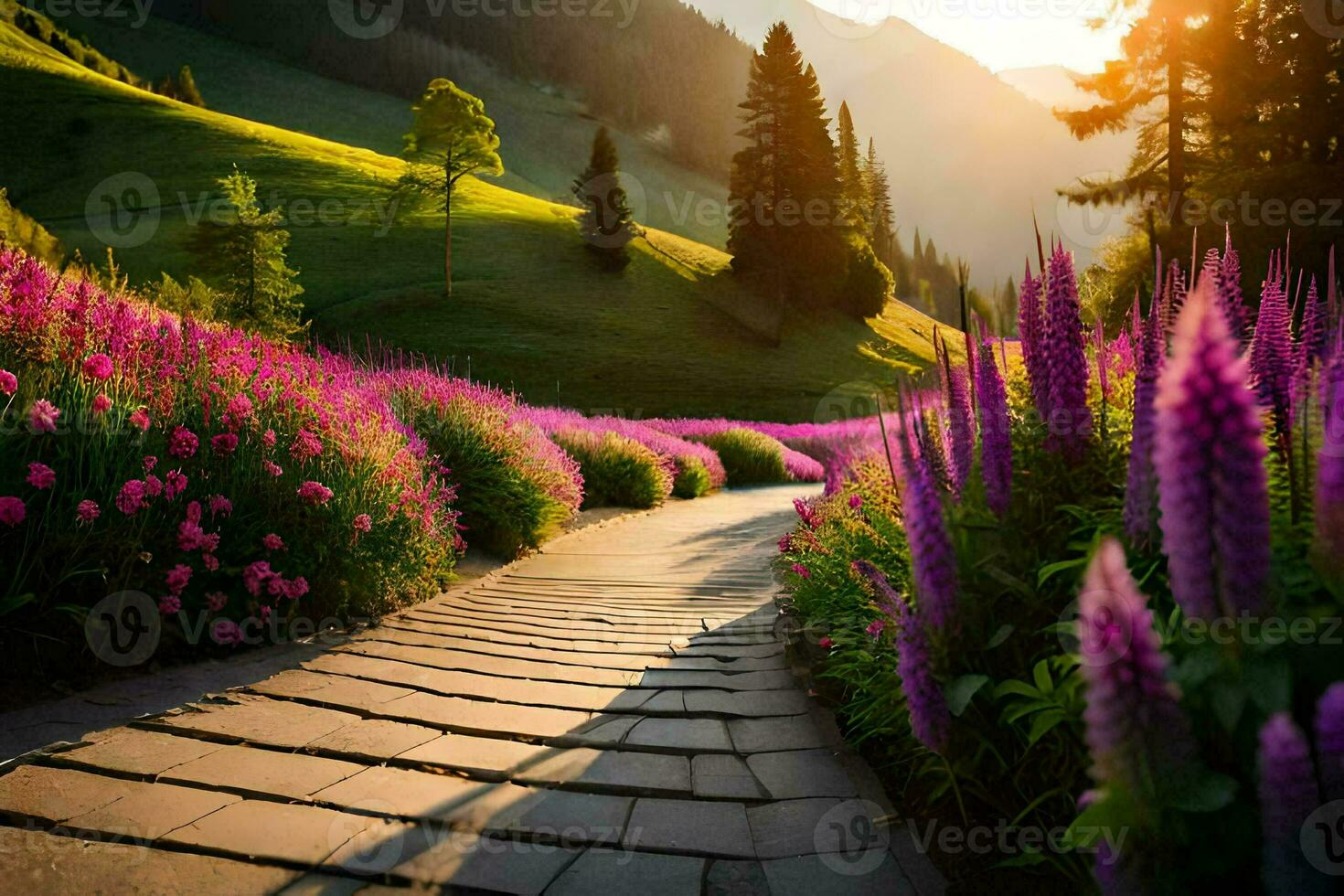 ein Pfad durch ein Feld von lila Blumen und Berge. KI-generiert foto