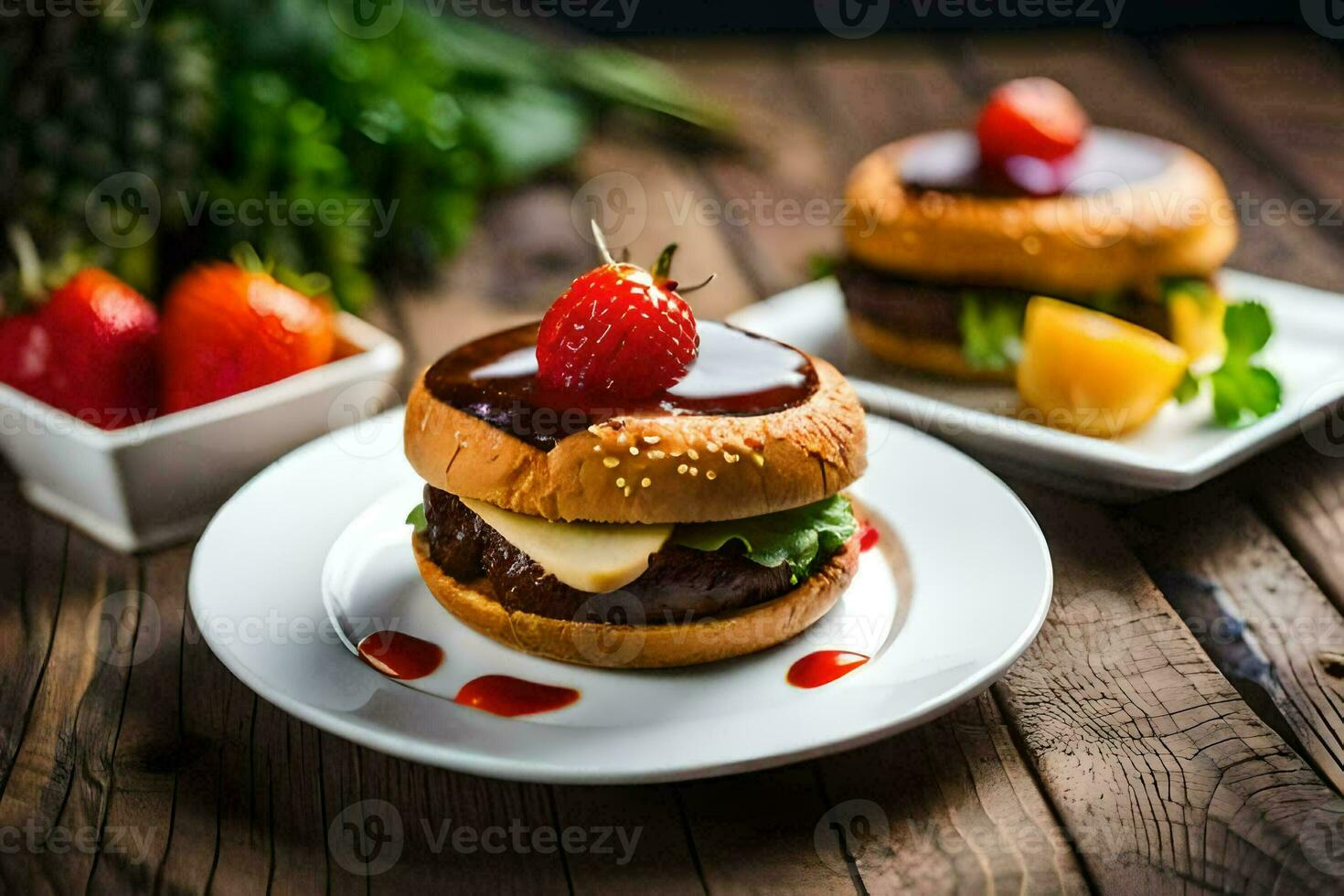 zwei Hamburger mit Erdbeeren auf oben von ein hölzern Tisch. KI-generiert foto