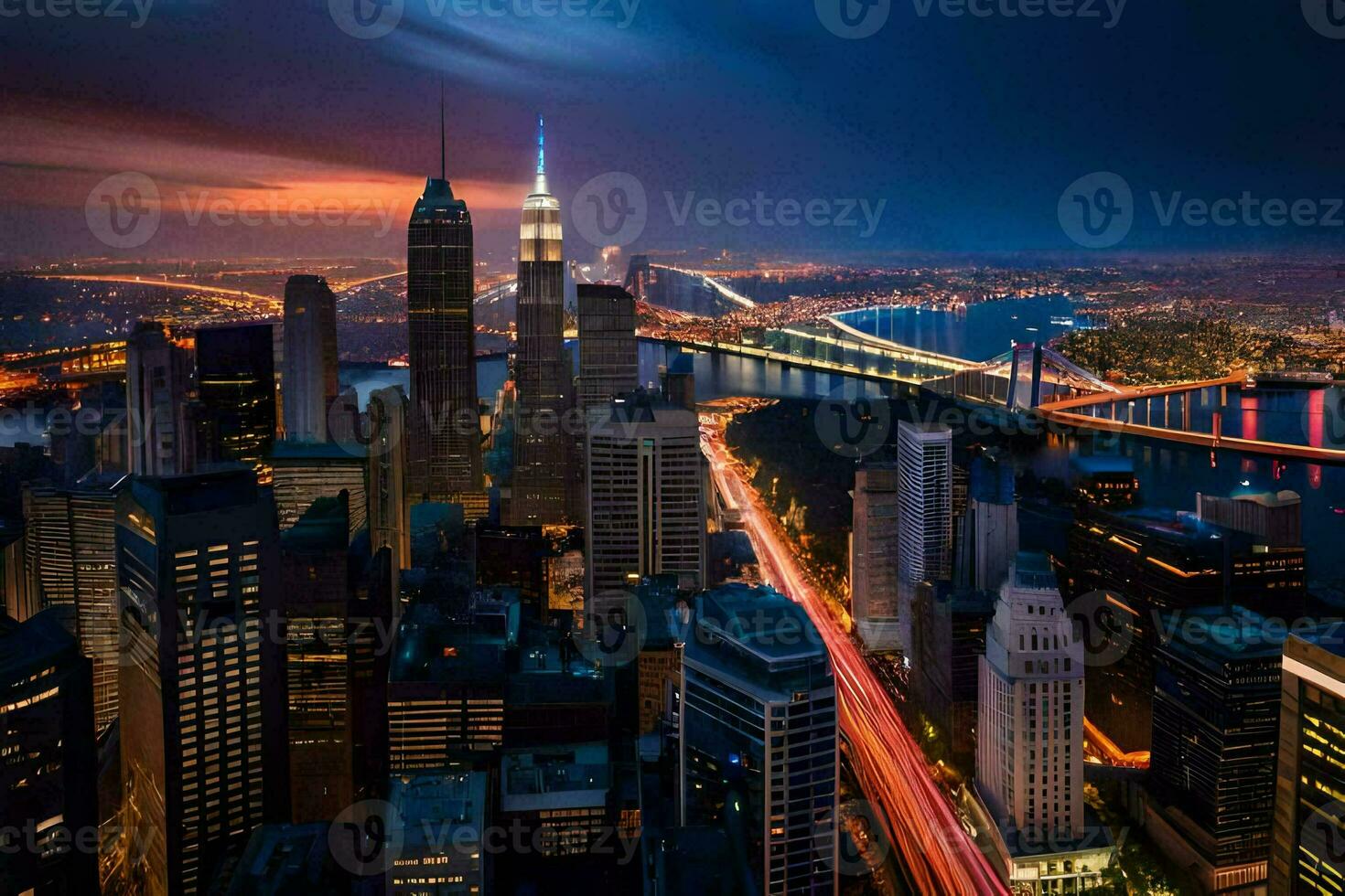 das Stadt Horizont beim Nacht mit der Verkehr Beleuchtung. KI-generiert foto