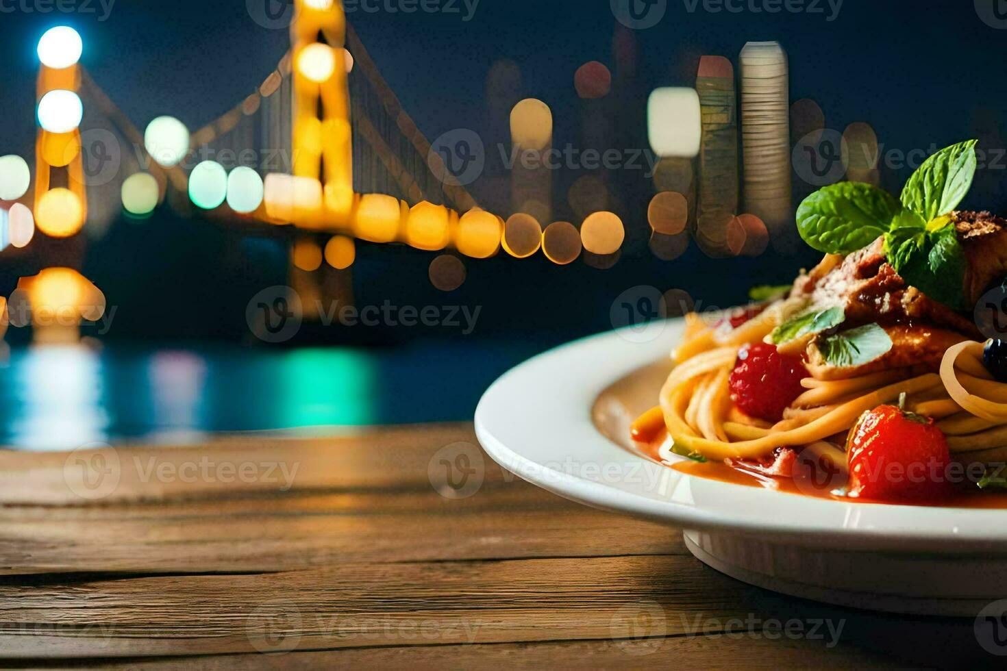 ein Teller von Spaghetti mit ein Aussicht von das san Francisco Bucht Brücke. KI-generiert foto