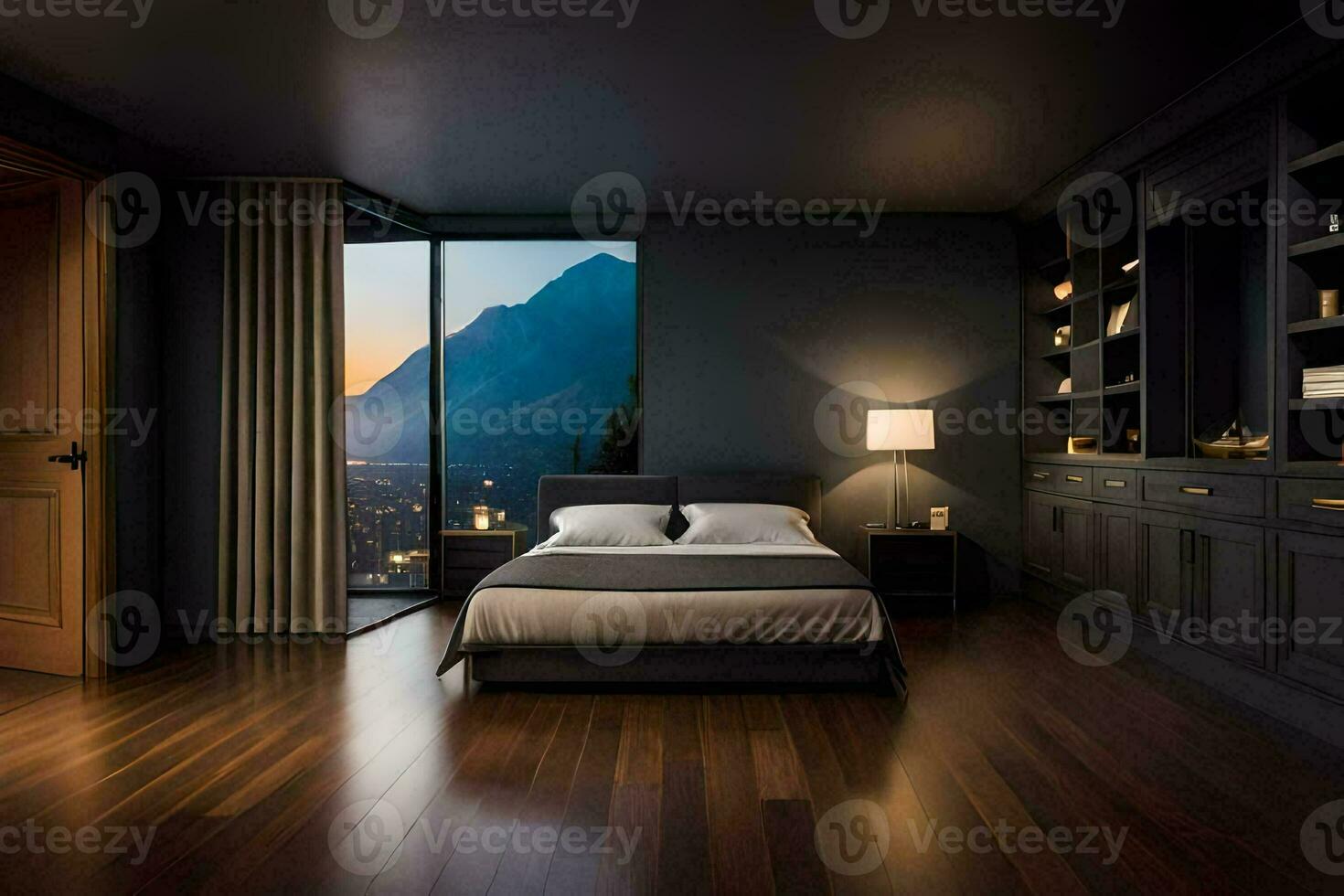 ein Schlafzimmer mit ein Aussicht von das Berge. KI-generiert foto