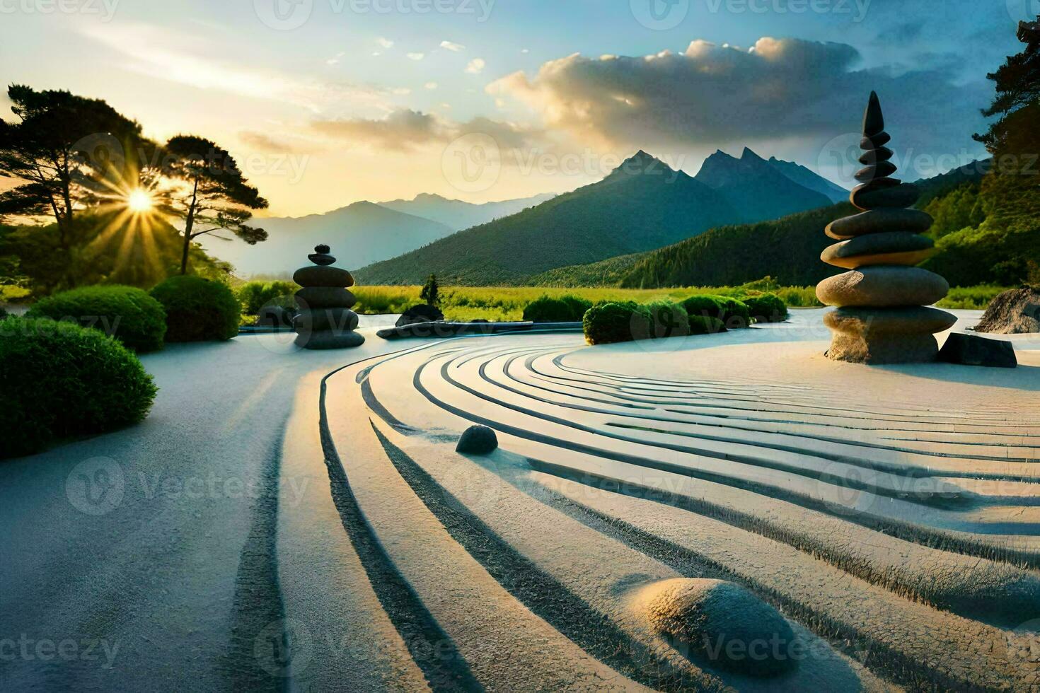 ein Zen Garten mit Felsen und Bäume. KI-generiert foto