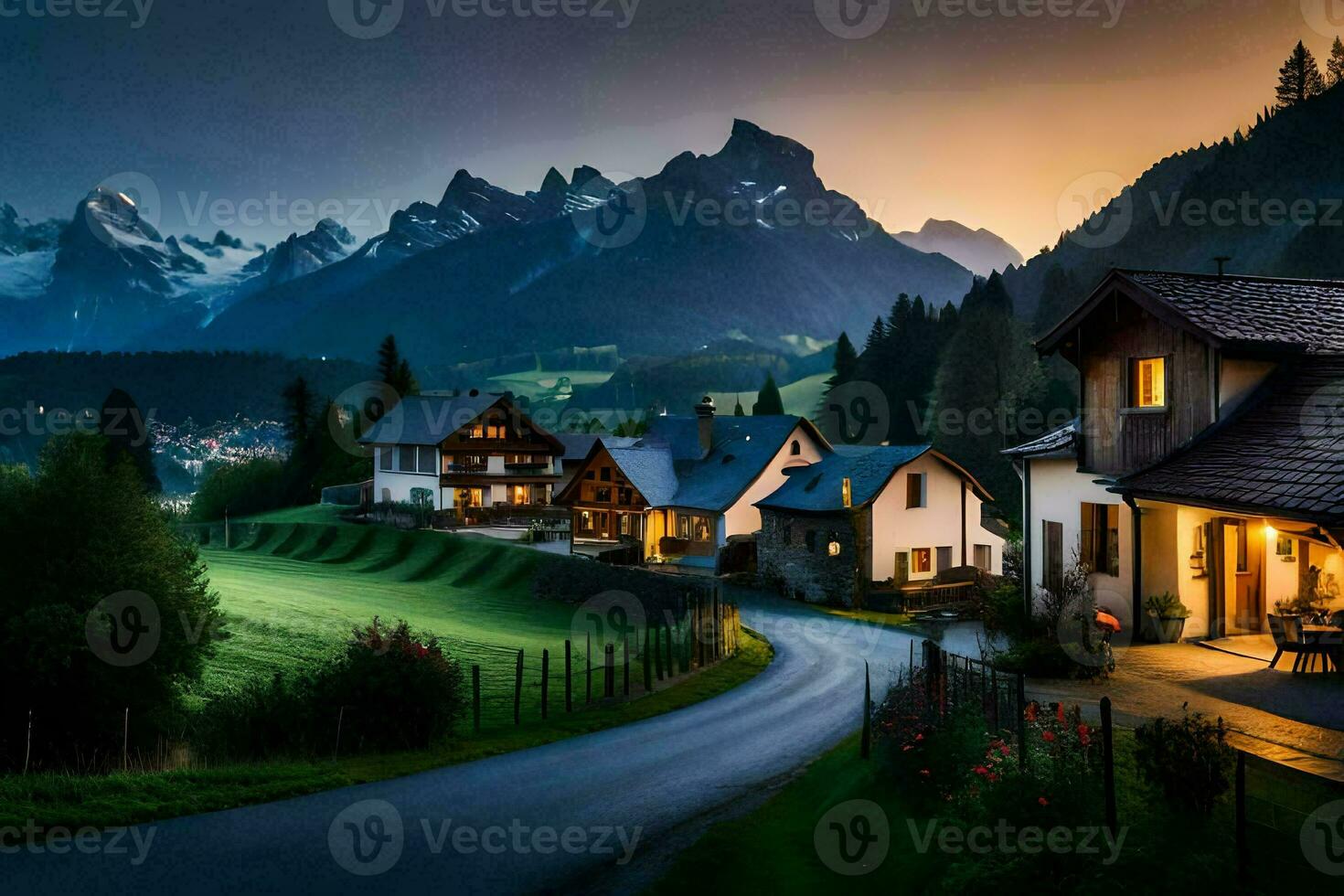 Foto Hintergrund das Himmel, Berge, Straße, Haus, Straße, Dorf, Straße, Dorf,. KI-generiert