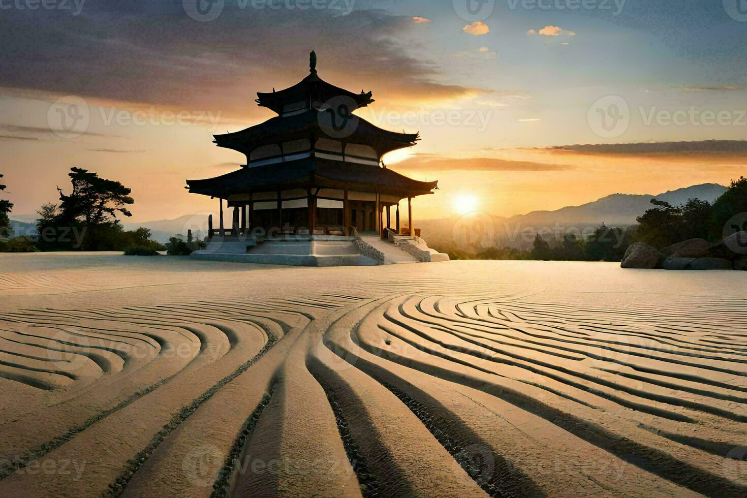 ein Pagode sitzt im das Sand beim Sonnenuntergang. KI-generiert foto