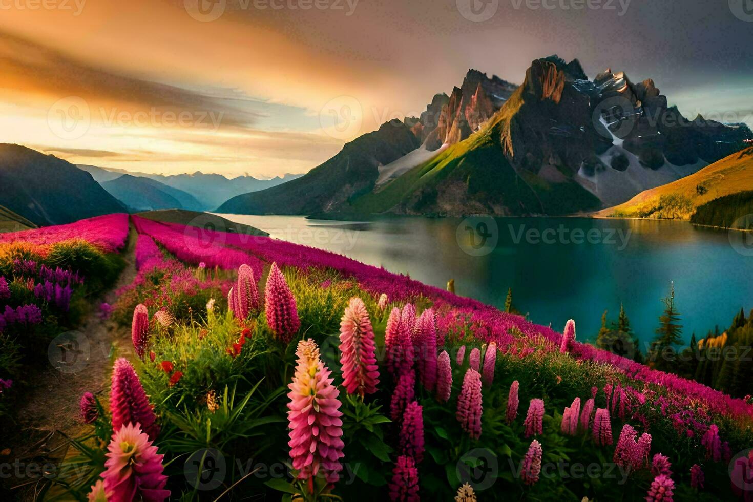 das schön Landschaft von das Berge und das See. KI-generiert foto