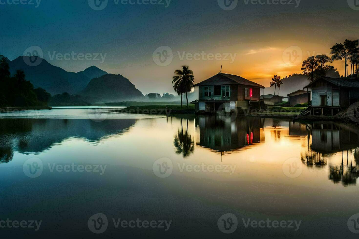 das Sonne setzt Über ein See und etwas Häuser. KI-generiert foto